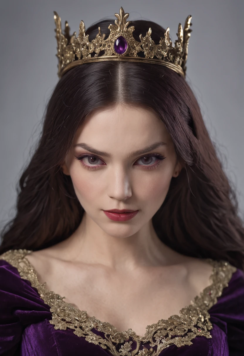 Dark-haired long-haired woman in a dark purple dress with a black shawl, Golden horned tiara, Evil Look, Magic, evil