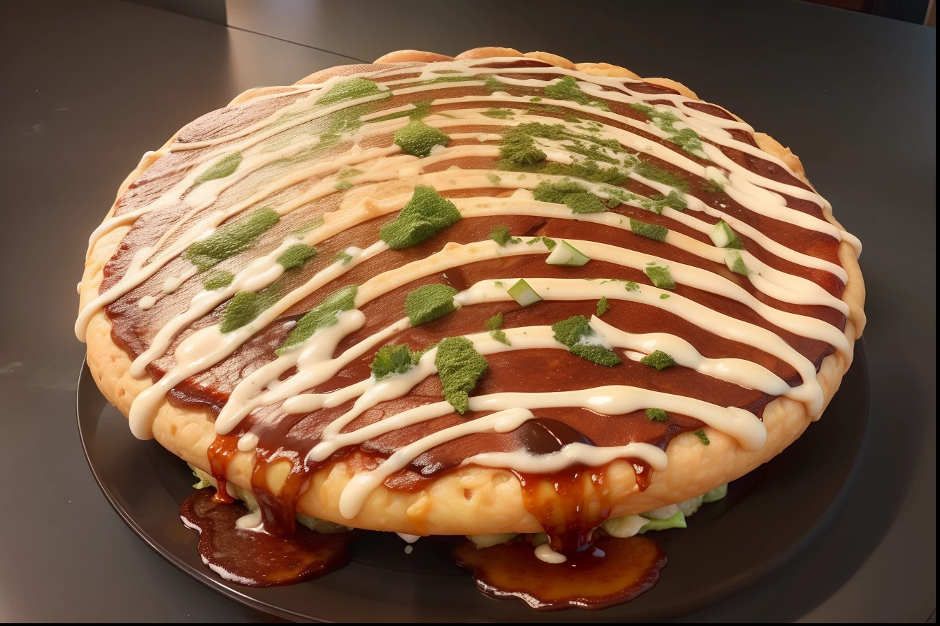 「Generate realistic looking and appetizing okonomiyaki images。In the center, thick dough is spread abundantly.、Ingredients such as cabbage and green onions are thoroughly mixed.。On top of the dough、The sauce for coloring the okonomiyaki is dripping、Next to it is a little squeezed mayonnaise。It is sprinkled with green seaweed。There are bright tables and plates around.、Create an appetizing atmosphere。」,raw photo,real,