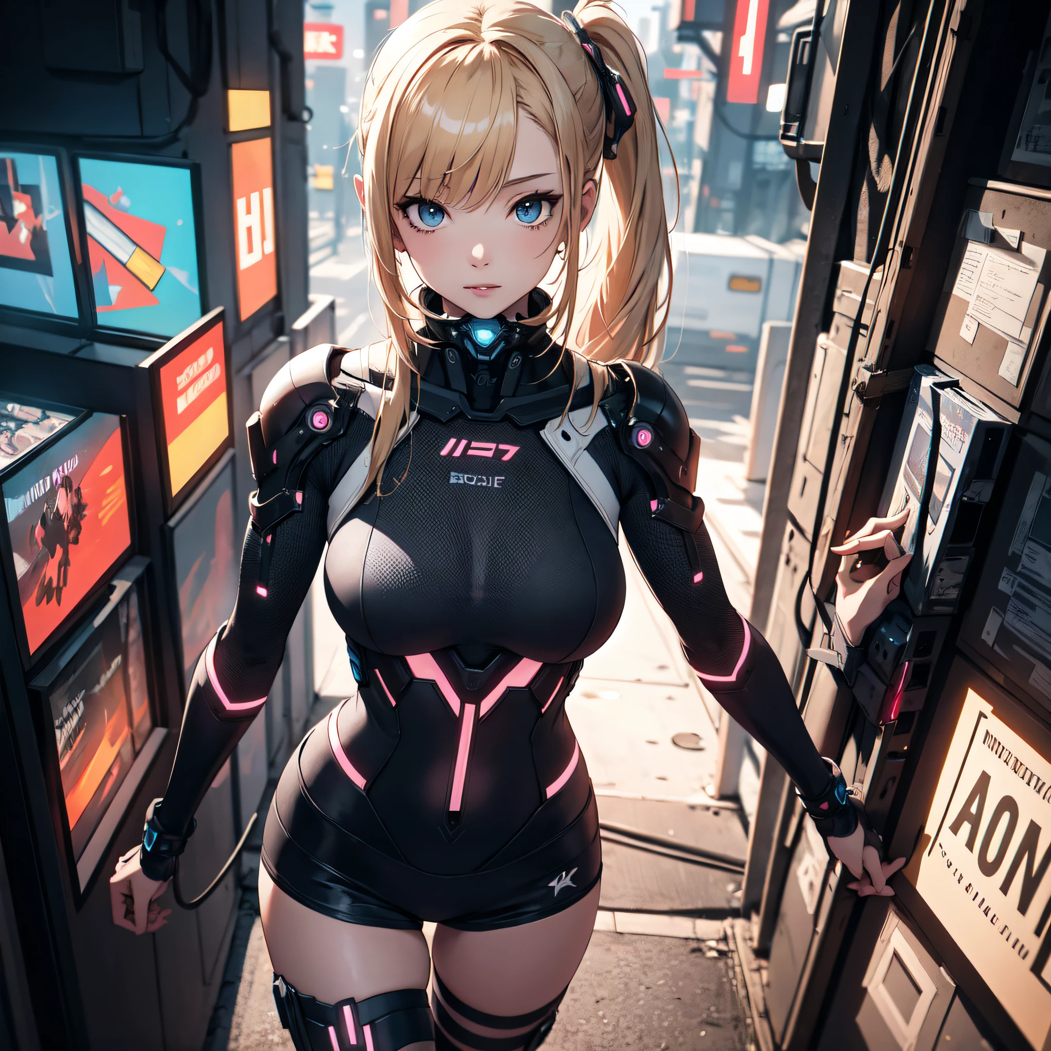 (best quality, 8k, highres, photorealistic:2.0), (solo, one girl:2.0),(lighting: front),(lighting: strong),(Russian Beauty:2.0),(very muscular girl:2.0),(bodybuilder girl:1.5),(shiny skin:1.5),(oily skin:1.5),(platinum blonde hair:1.5),(Squat down with both knees up and spread your legs apart:1.5),(raise both arms behind your head:1.5),(high heels:1.5),(lewd girl),(cyberpunk location:1.9),(((Wearing a Japanese pattern latex long sleeve tight dress))),