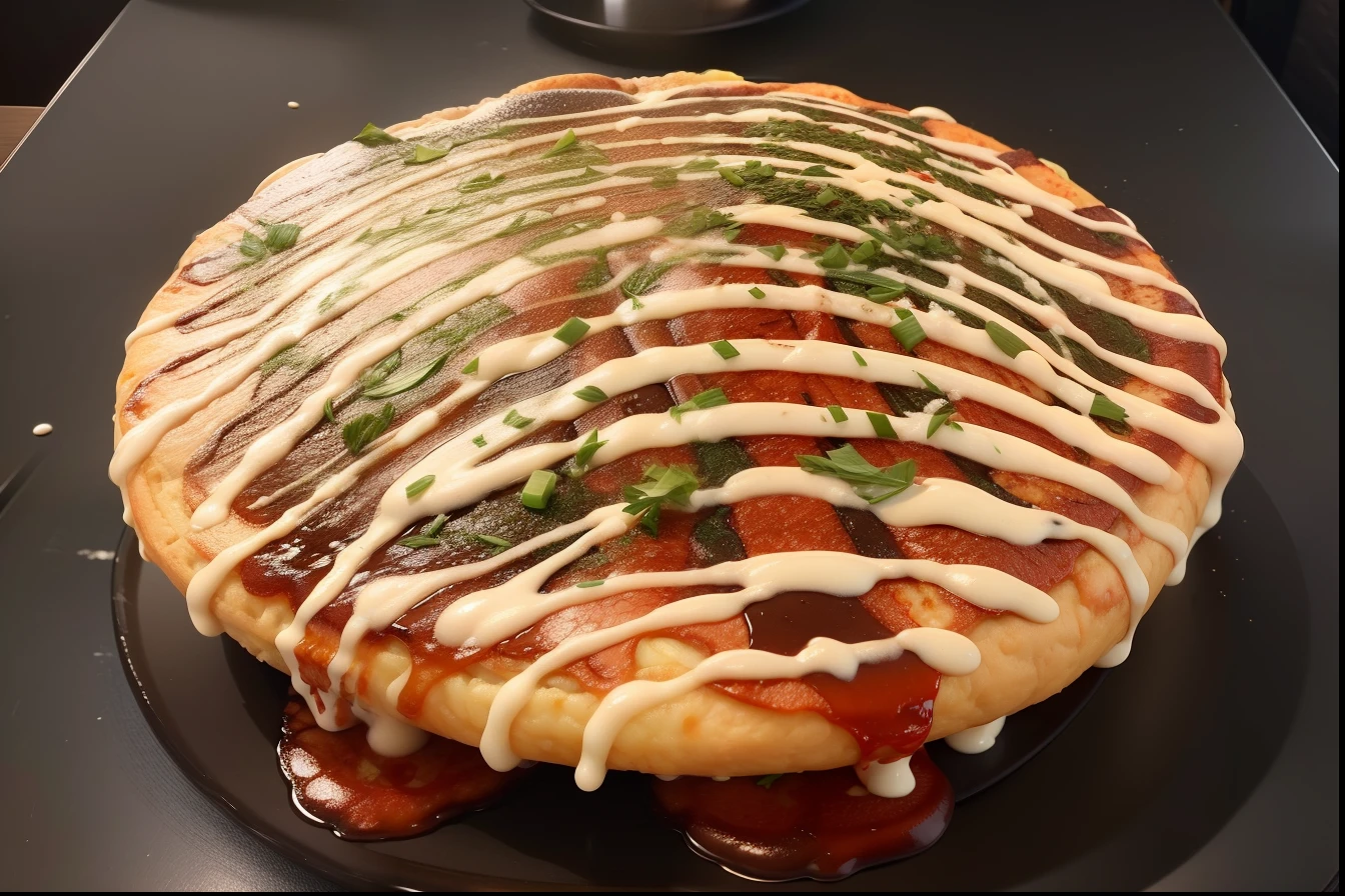 「Generate realistic looking and appetizing okonomiyaki images。In the center, thick dough is spread abundantly.、Ingredients such as cabbage and green onions are thoroughly mixed.。On top of the dough、The sauce for coloring the okonomiyaki is dripping、Next to it is a little squeezed mayonnaise。It is sprinkled with green seaweed。There are bright tables and plates around.、Create an appetizing atmosphere。」,raw photo,real,