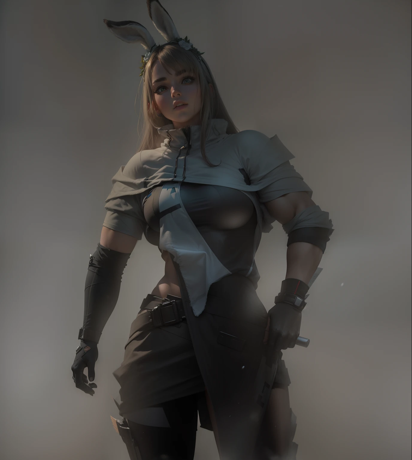 (beatiful face:1.2), (1girl:1.2), (8K, Best Quality, Masterpiece:1.2),(Best Quality:1.0), (ultra highres:1.0), (FrostNova :1.2), (muscled body:1.2), (Revealing clothes:1.2), (sports clothing:1.2), (Hare ears:1.2)