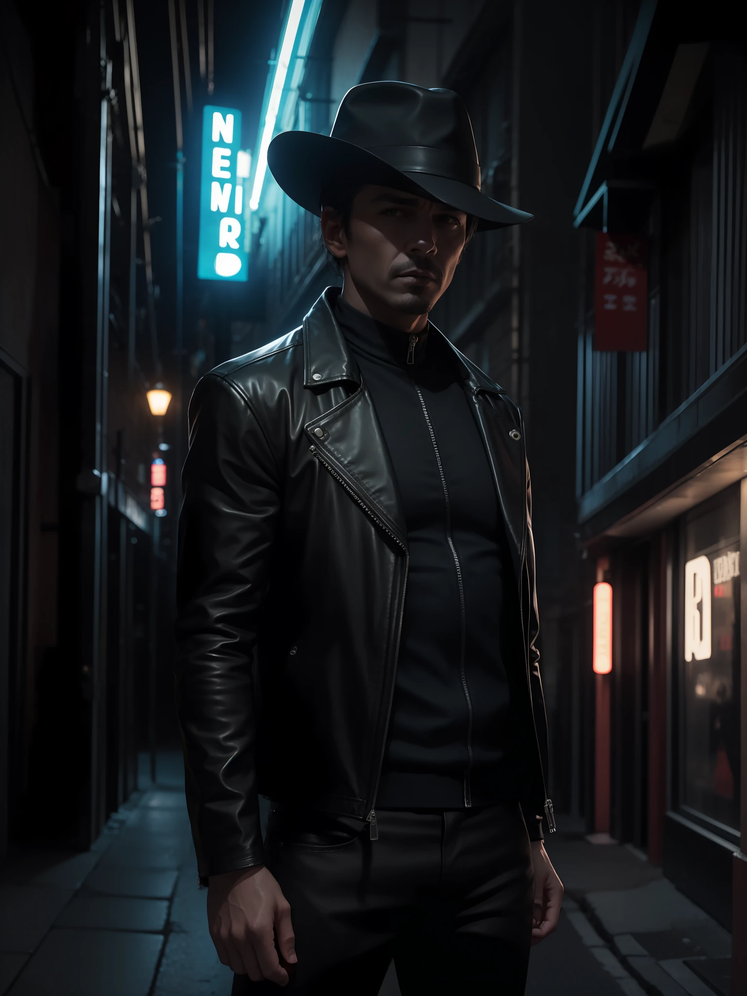 Arad people in leather jackets and hats stand in the dark, noir film world character design, neo noir style, high detail iconic character, Aiden Pierce, photography of albert watson, noir detective and a fedora, lee bermejo, neo - noir style, author：Hiroyuki Tajima, neo - noire, wearing cyberpunk leather jacket，Background in black city。