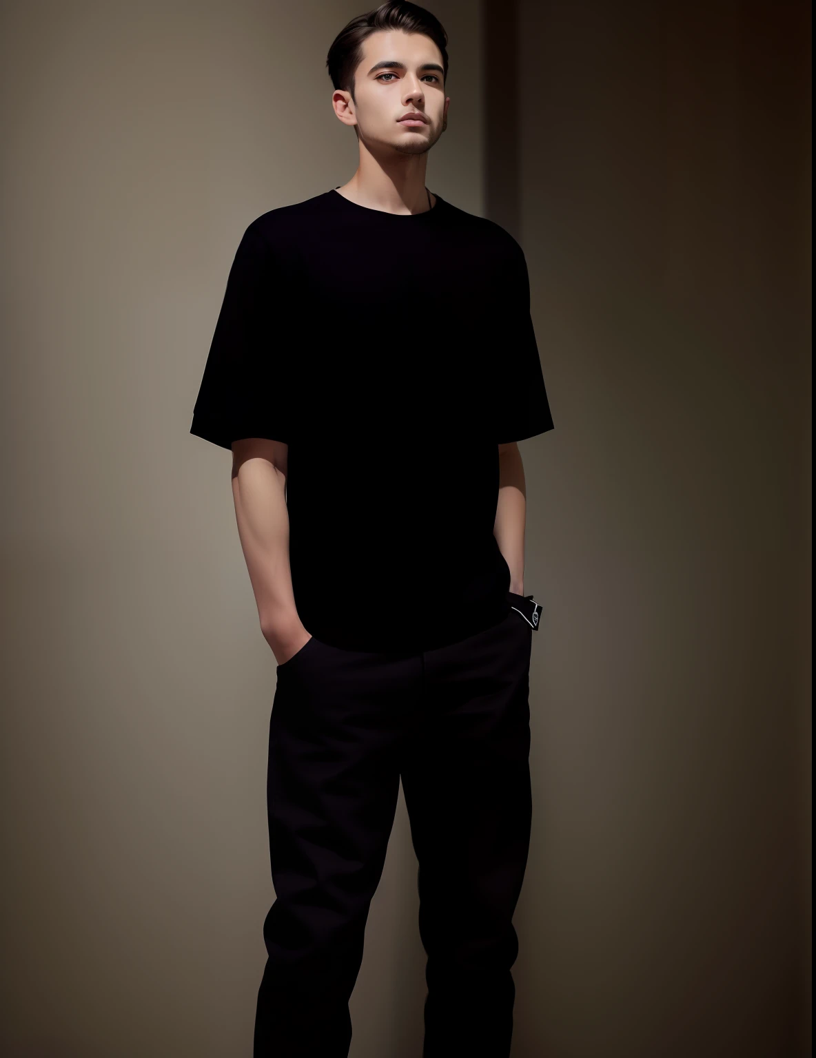 The Arad man in a black shirt and jeans stood with his hands in his pockets, Casual clothing, detailled image, Wearing a black T-shirt, wearing a black t-shirt, wearing a baggy, Black T-shirt, Black T-shirt with, he is wearing a black t-shirt, casual streetwear, Casual clothes, ( ( ( Wearing jeans ) ) )