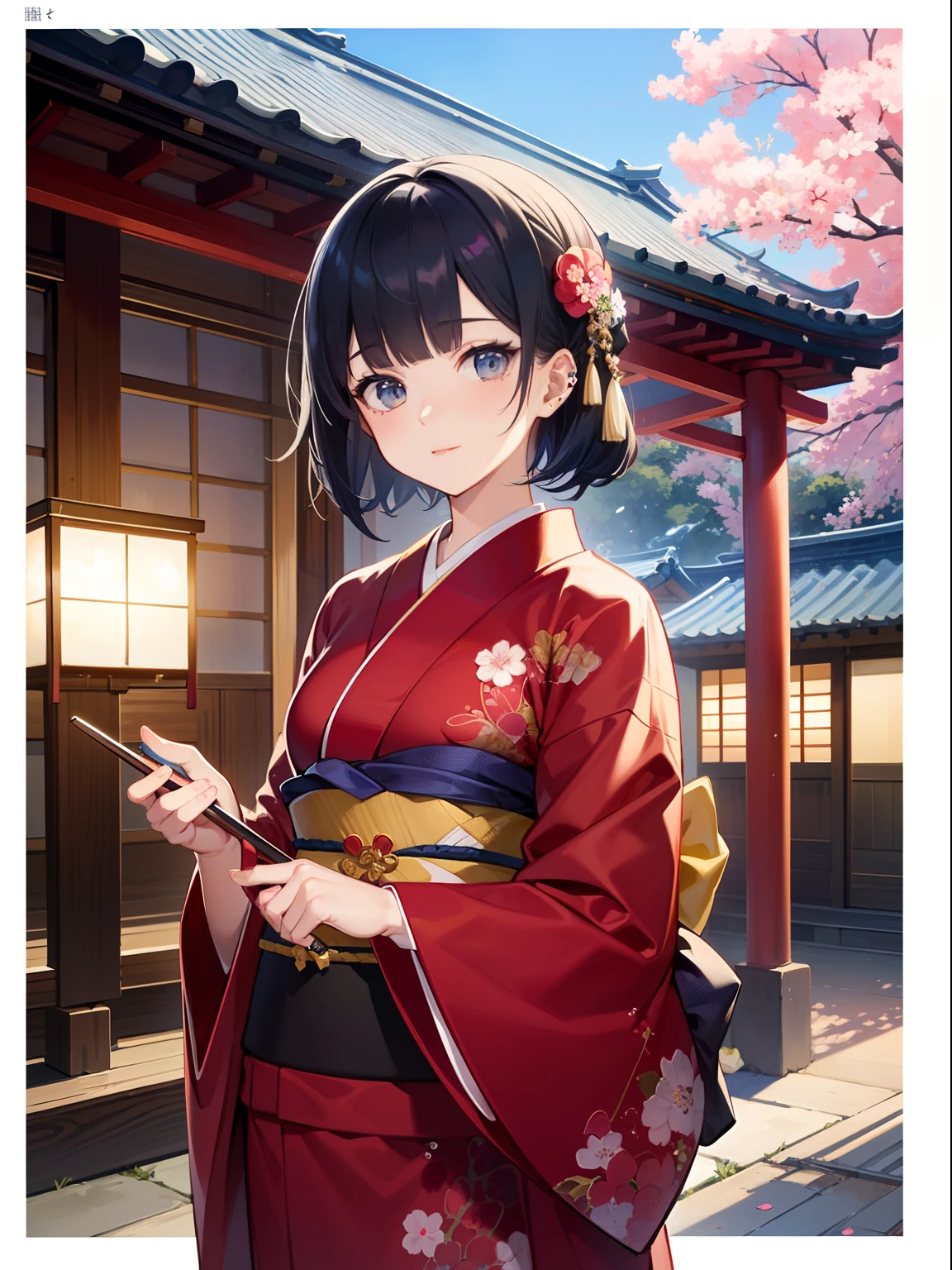 Master Pieces、hyper quality,、Perfect drawing with hyper detail、独奏、Beauty in the world、Komono、Japanese dress、Black-haired、Japanese hair、Colorful Japan kimono、octane renderings、HDR、(ultra-detailliert:1.15)、(Soft light、sharp:1.2)、1girl in、a beauty girl、Ultra detailed eyes、A MILF、Rainbow painting drops、Splat、Splash、long colored hair、ultra detailed texture kimono、(hair adornments、耳Nipple Ring、)、outside of house、The cherry tree