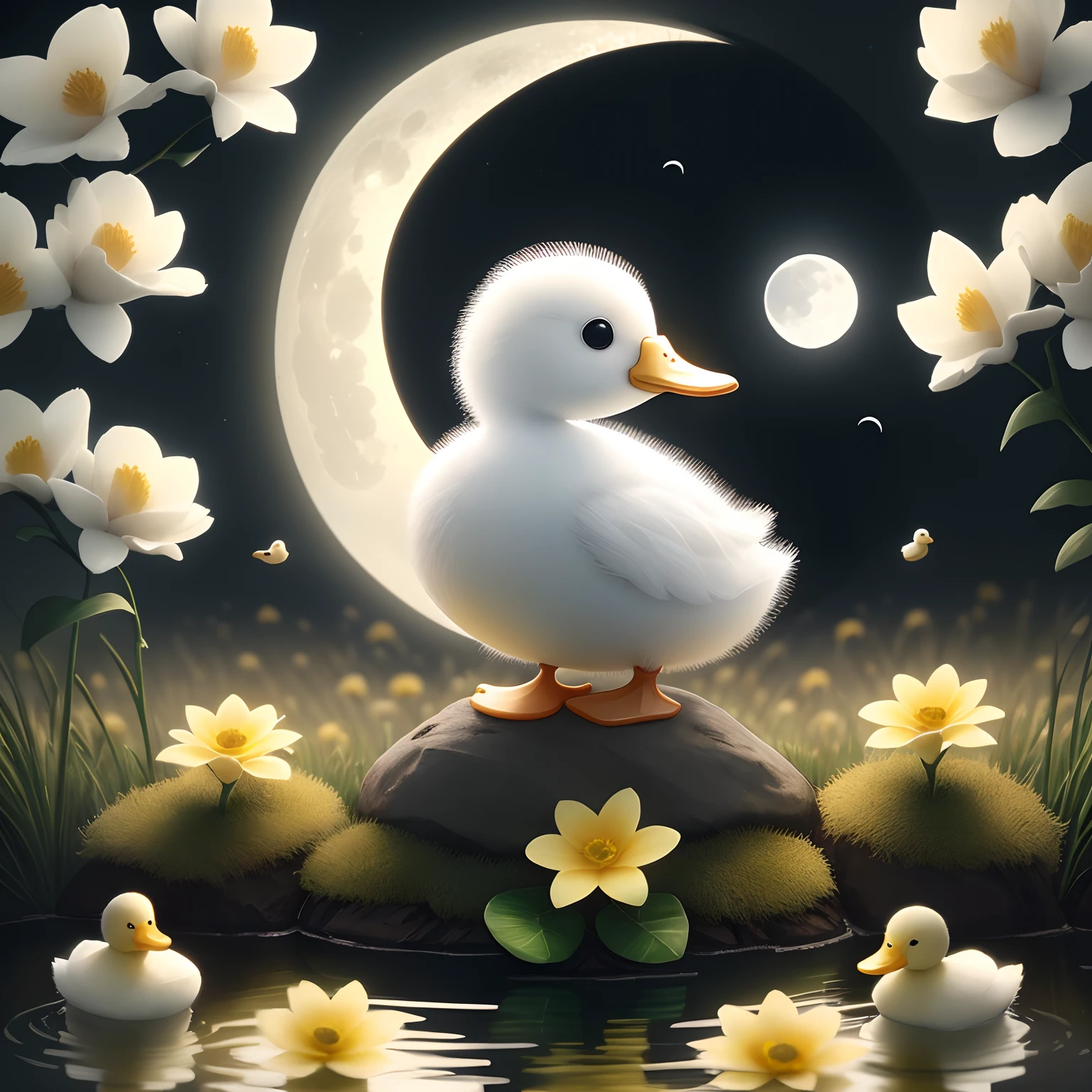 Cute  white ducks, yellow flowers, moon