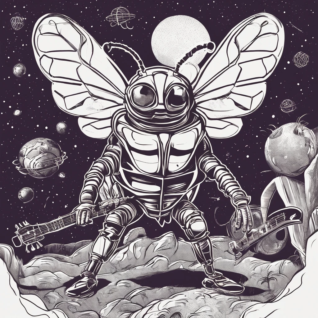 Heavy metal bee playing guitar on the planet Venus