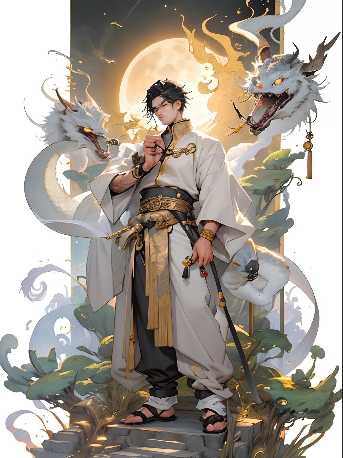 Masterpiece, Better, natta, moon full, 1 persons,18-year-old man, Chinese style, Muscular ancient China, brunette color hair, 黑The eye, Long tassels, goodlooking, goodlooking, Masculine, Serious, dolce, Grand, peacful, Mixed black gold, Gold texture, loong pattern, prince, palais