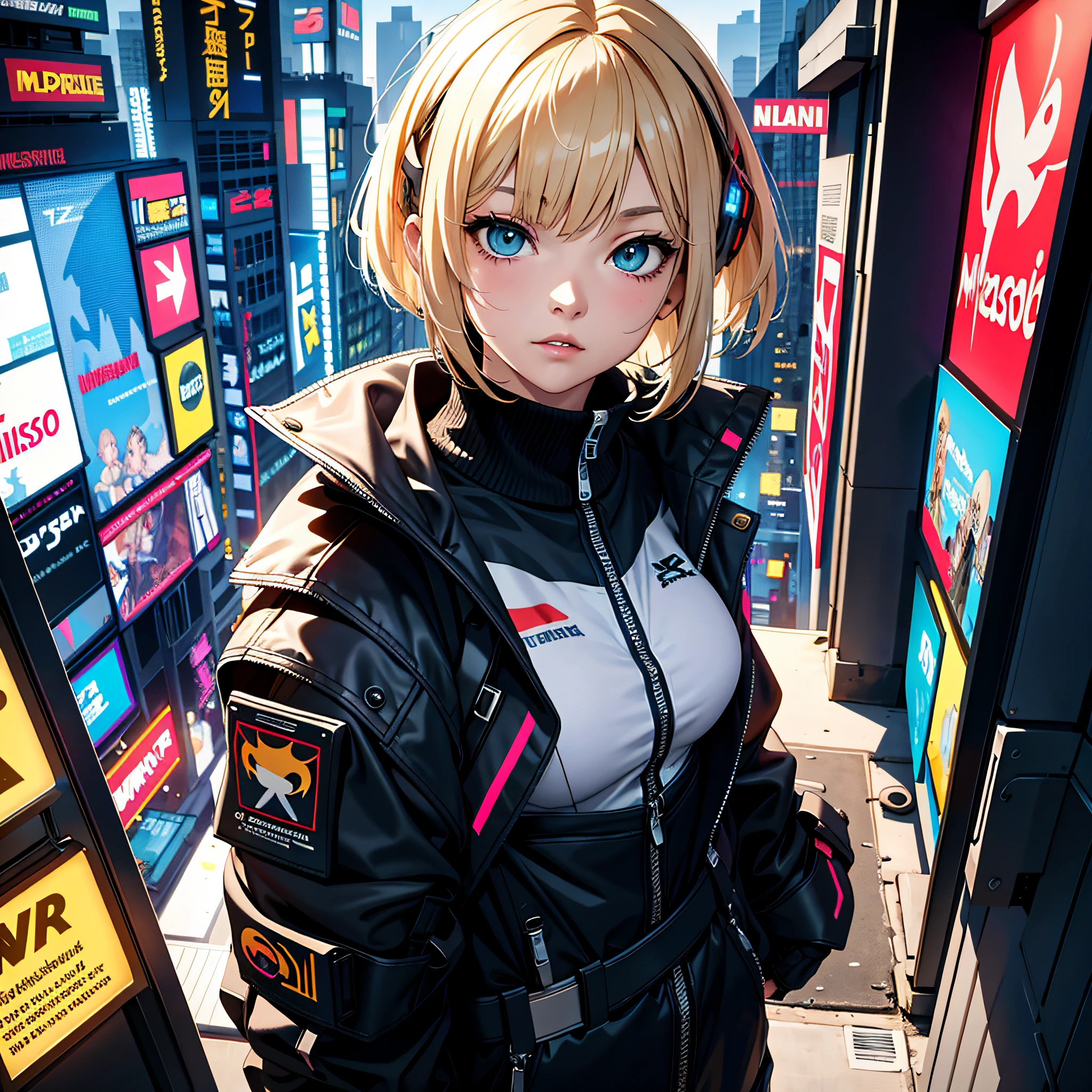 Absurd resolution、hight resolution、(masterpiece:1.4)、ultra-detailliert、Cyberpunk Girls、cyber punk Girl、Short Bob、a blond、a smile