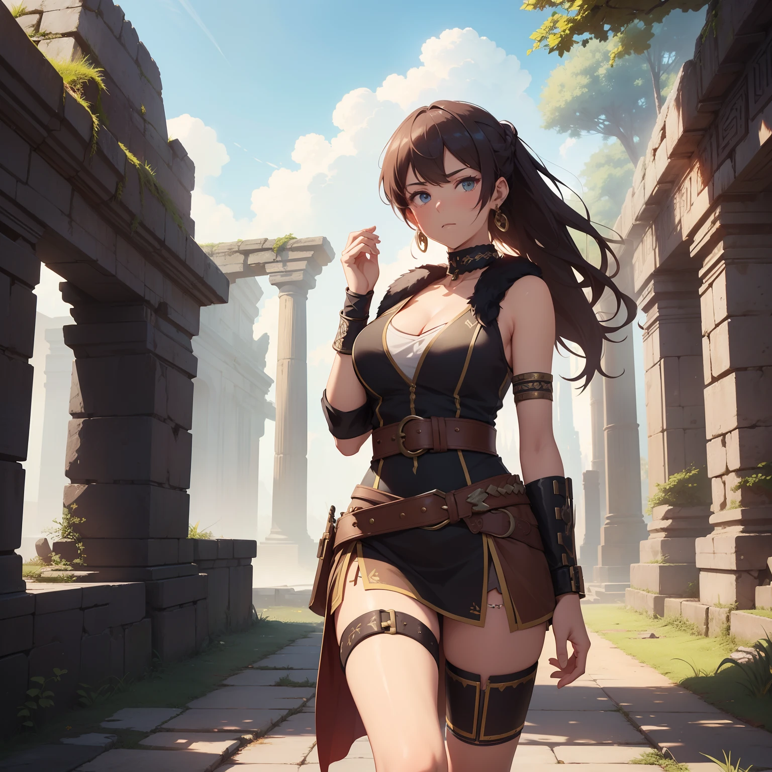 (masterpiece, best quality, 4k, photorealistic), ((wide shot, full body)), ((front view)), expressive eyes, perfect face, nice hands, 1 girl, earthy brown hair, large cleavage, long round legs, curvaceous body, booty, hairstyle: two braids merged into a low ponytail, animal hide vest with intricate beadwork, earth-toned tribal patterned skirt, leather knee-high boots with fur trim, feathered arm cuffs and anklets, leather belt with decorative metal buckle, accessories: tribal-inspired earrings and a natural stone choker, ((a background of ancient ruins or a forgotten temple could evoke a sense of adventure and mystery, highlighting the mercenary's exploratory nature)), extremely detailed Artgem, IG model, alena aenami and artgem, krenz cushart and artgem, artgem and atey ghailan