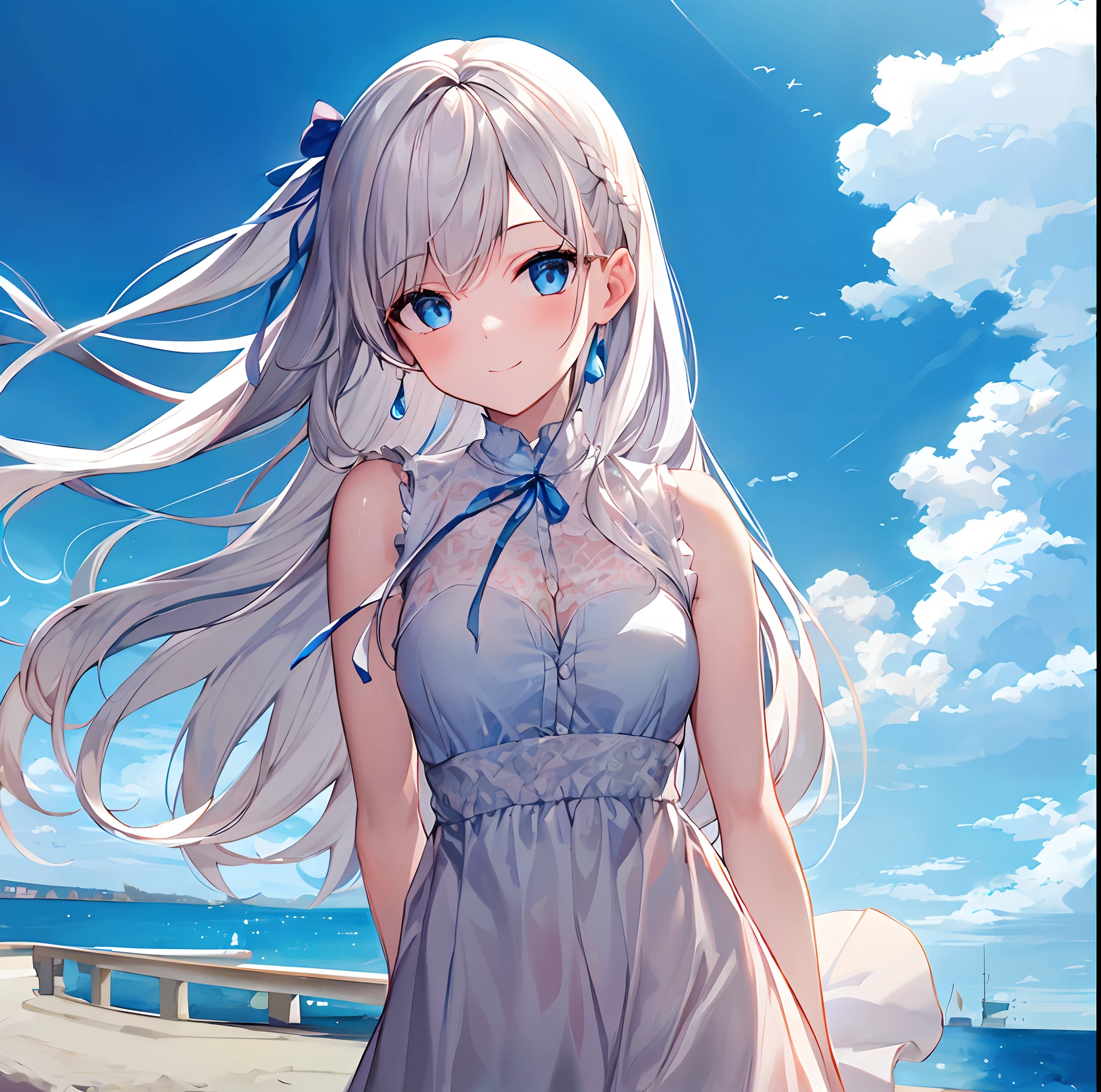 ((Best quality, Masterpiece)), White hair, Blue eyes, 1 girl, Small incisions, White dress, Sea, , ribbon on hair, Blue sky, Smile,standing on your feet,Royal sister,Tall guy,The chest is large,Low-cut clothing,Chest open。The background is night,