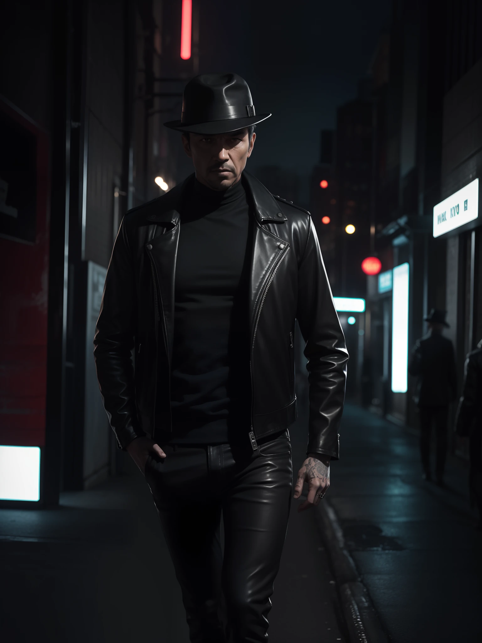 Arad people in leather jackets and hats stand in the dark, noir film world character design, neo noir style, high detail iconic character, Aiden Pierce, photography of albert watson, noir detective and a fedora, lee bermejo, neo - noir style, author：Hiroyuki Tajima, neo - noire, wearing cyberpunk leather jacket，Black city background。