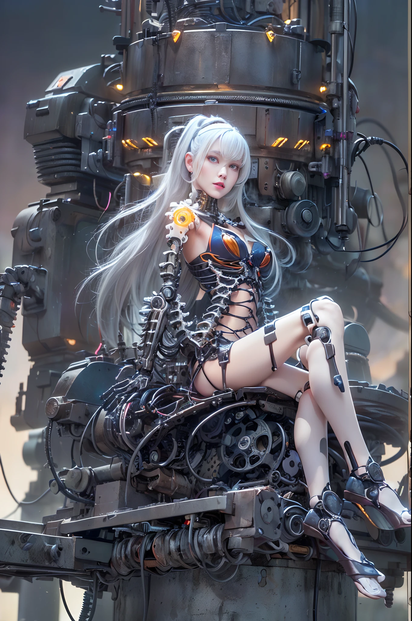 beautiful naked pirate girl(((Masterpiece)))), (((highest quality)))), ((Ultra Definition)), (Very Detailed Photoreality), (((Very Delicate and Beautiful)), (Delicate and Pretty Face), Cinematic Light, (((1 Machine Girl)), Solo, Full Body, Big, Cleavage Is Visible Skin, White Hair, Purple Eyes, Luminous Eyes, (Mechanical Joint: 1.4), (Mechanical limbs)), (Blood vessels connected to tubes), (( Mechanical vertebrae attached to the back)), (((cervical vertebrae of the machine) attached to the neck)), ((sitting)), expressionless, (wires and cables attached to the head and body: 1.5), (character focus), small LED lamps on the body, Evangelion, SF, detailed neon