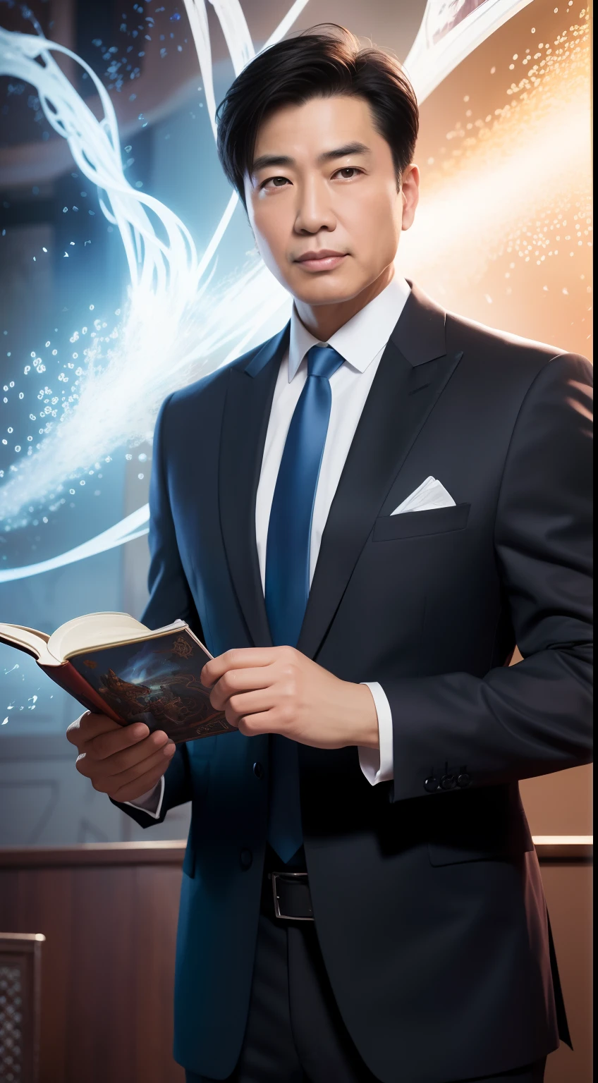 A detailed painting depicting a handsome, mature Asian man in a suit surrounded by a flurry of glowing Magic The Gathering cards and the book Dungeons and Dragons in the center.