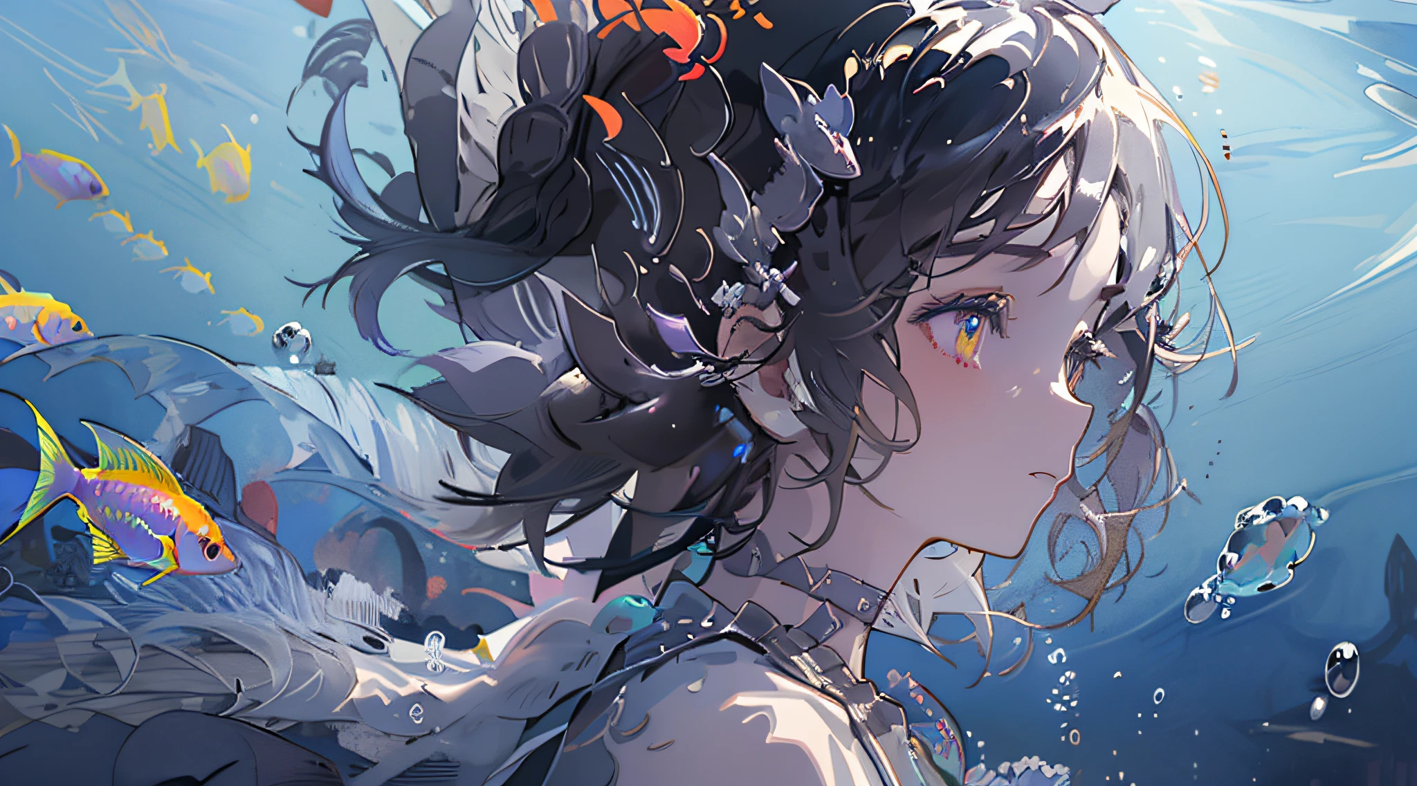 1girl in, yellow eyes, Purple Theme,Yellow fish, 独奏, jewely, 耳Nipple Ring, profile, bubbling, a choker, under the water, ((A dark-haired)), ((Longhaire)), Blue choker, White hair, From Side, Air bubble, letterbox, Jellyfish, The upper part of the body, Floating hair、((Exquisite digital illustration)),Multi-Detail Digital Illustration,hight resolution,high quarity、saddened、Face down、sad Facial expression、Depression