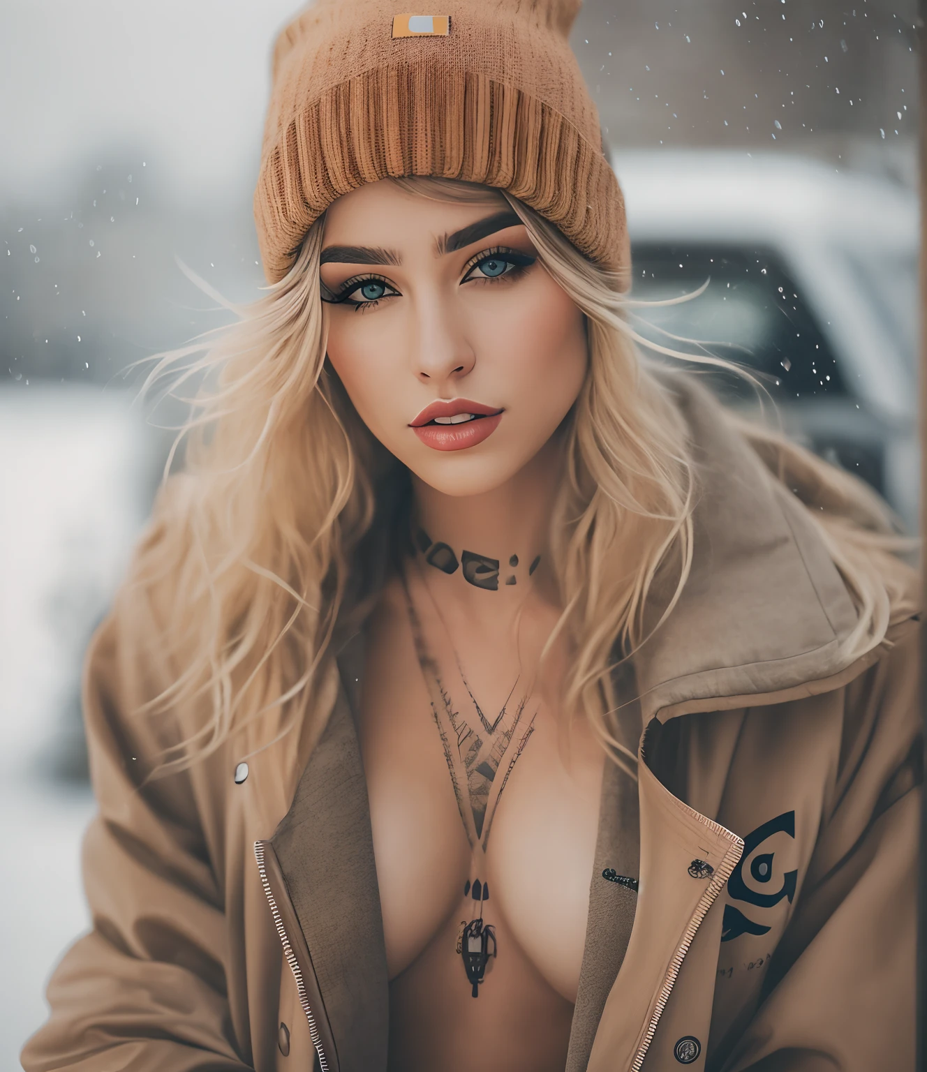 a photo of an Exquisitely beautiful white skin woman with messy blonde hair, 20 yo, (tomboy), (wearing Carhartt work coat, and beanie), eye focus, (highly detailed skin), clothed, standing outside on cold winter day, Athletic physique, voluptuous breasts, bare breasts, (a small breast tattoo:1.4), plump ass, perfect face, alluring eyes, perfect iris, (makeup), skin pores, (very light freckles:0.4), (nose piercing:0.6), film grain, photographed on a Canon EOS 5D, ((full body))