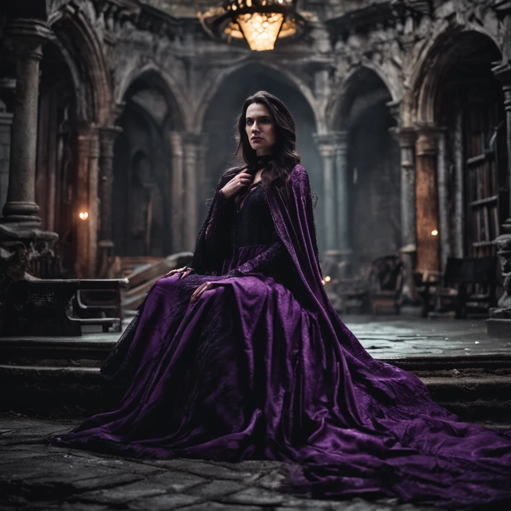 Dark-haired long-haired woman in a dark purple dress with a black shawl sitting on a throne, leaning on his arm, Mystical atmosphere, The Old Castle, Gloomy lighting, magic, evil, Rector of the School of Magic, Tisaya
