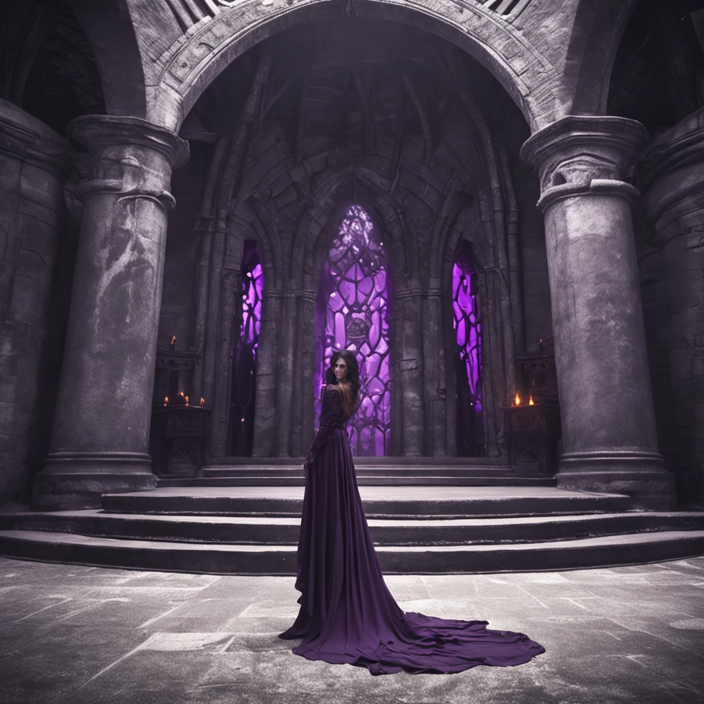 Dark-haired long-haired woman in a dark purple dress with a black shawl sitting on a throne, leaning on his arm, Mystical atmosphere, The Old Castle, Gloomy lighting, magic, evil, Rector of the School of Magic, Tisaya