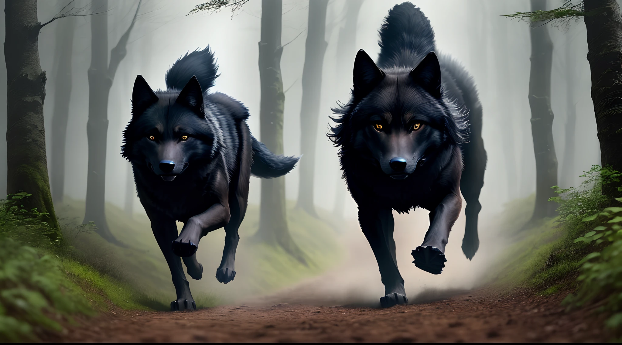 Black wolf, forest, mystical, running, mist