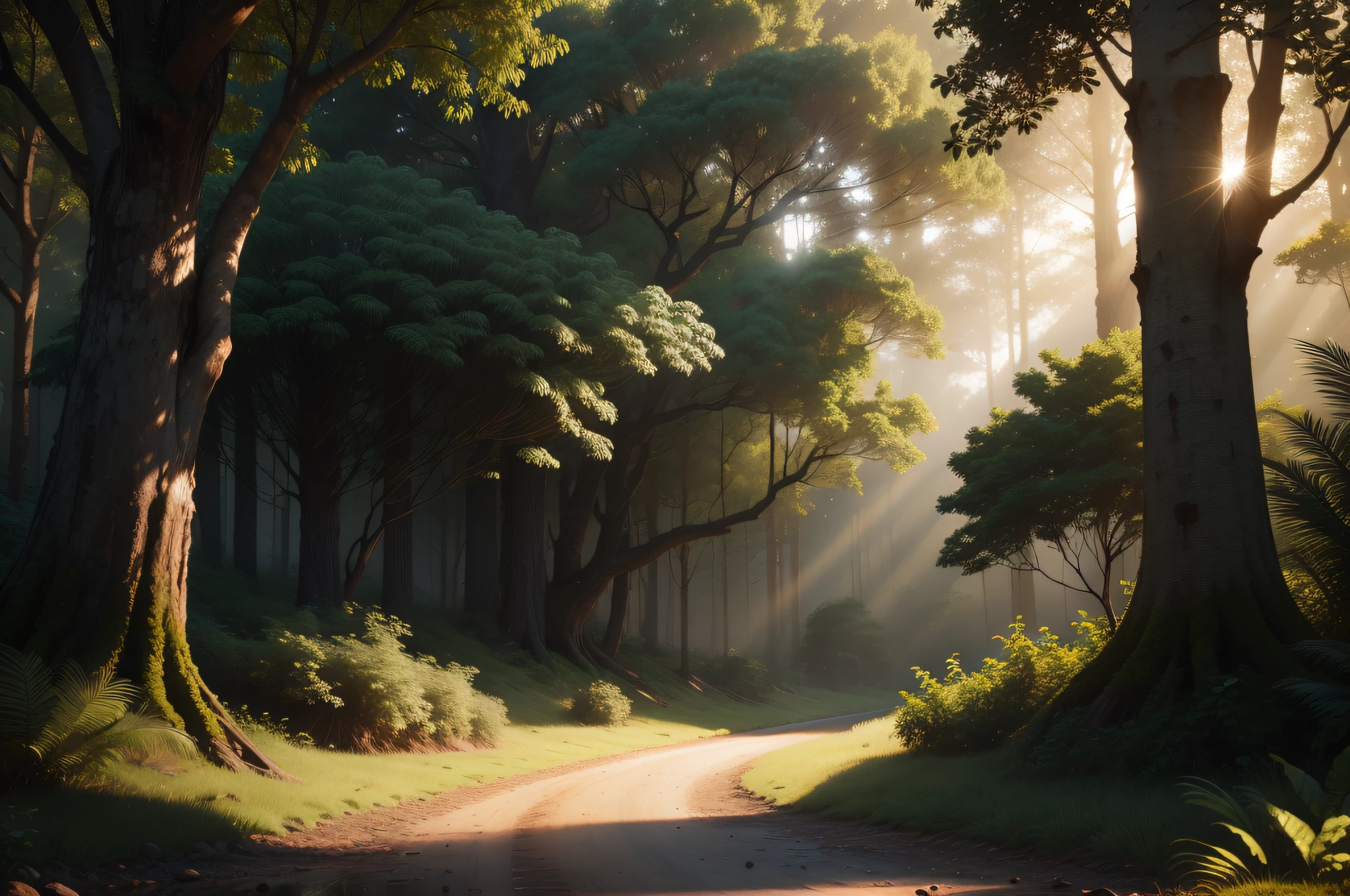 uma enorme floresta photorealistic, cenario, sem pessoas, ambiente ao entardecer