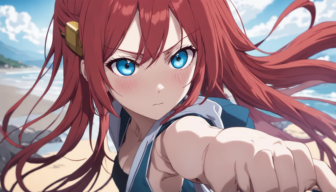 anime girl with red hair and blue eyes looking at camera, Erza Scarlet como uma pessoa real, ela tem cabelos ruivos, cabelos vermelhos carmesim e olhos vermelhos, Estilo anime", com cabelos ruivos e olhos verdes, ela tem cabelos longos e redorange, com cabelos ruivos, sakura haruno, Menina do anime chamada Lucy, Rias Gremory, haruno sakura