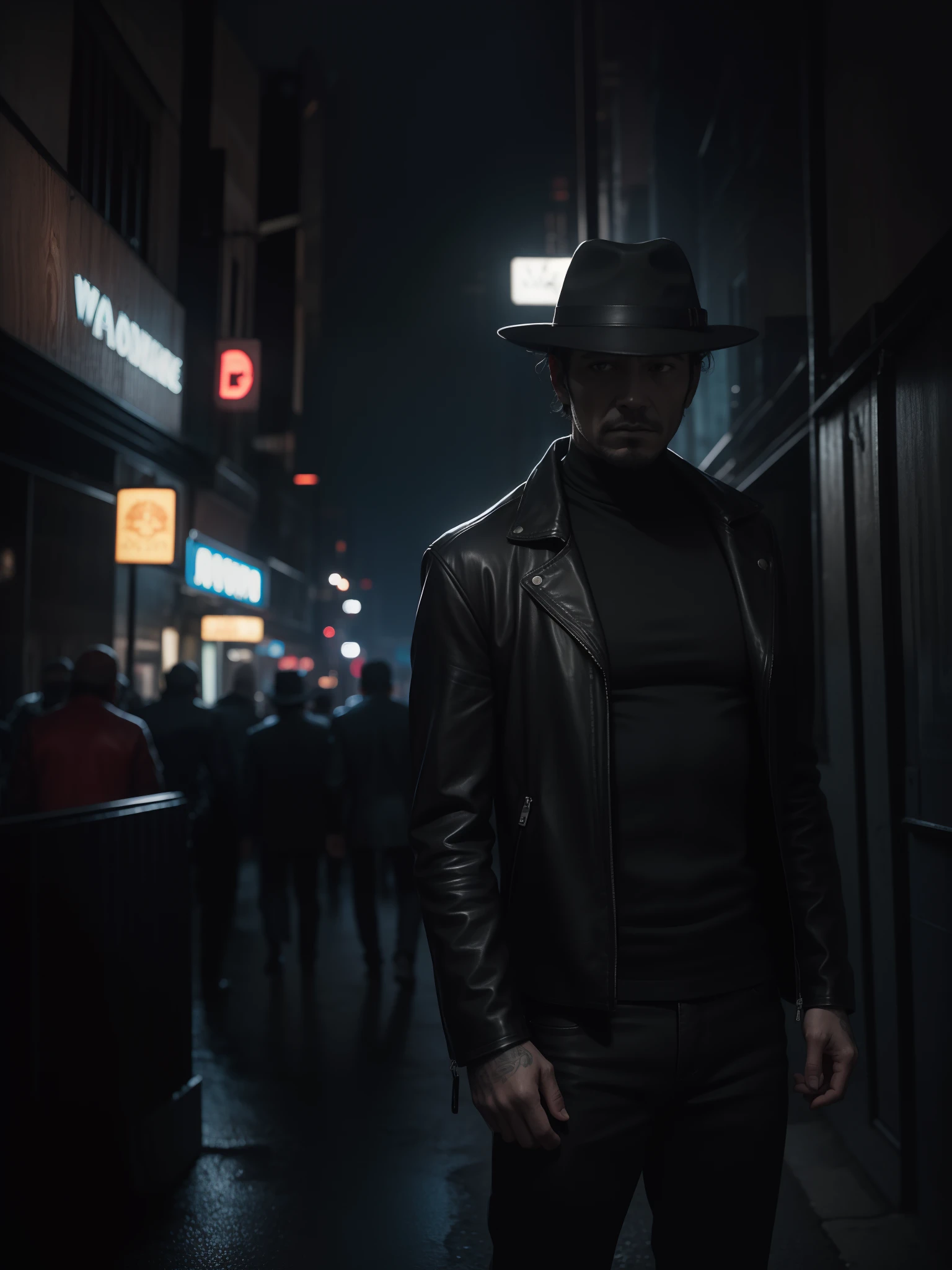 Arad people in leather jackets and hats stand in the dark, noir film world character design, neo noir style, high detail iconic character, Aiden Pierce, photography of albert watson, noir detective and a fedora, lee bermejo, neo - noir style, author:Hiroyuki Tajima, neo - noire, wearing cyberpunk leather jacket,Black city background。