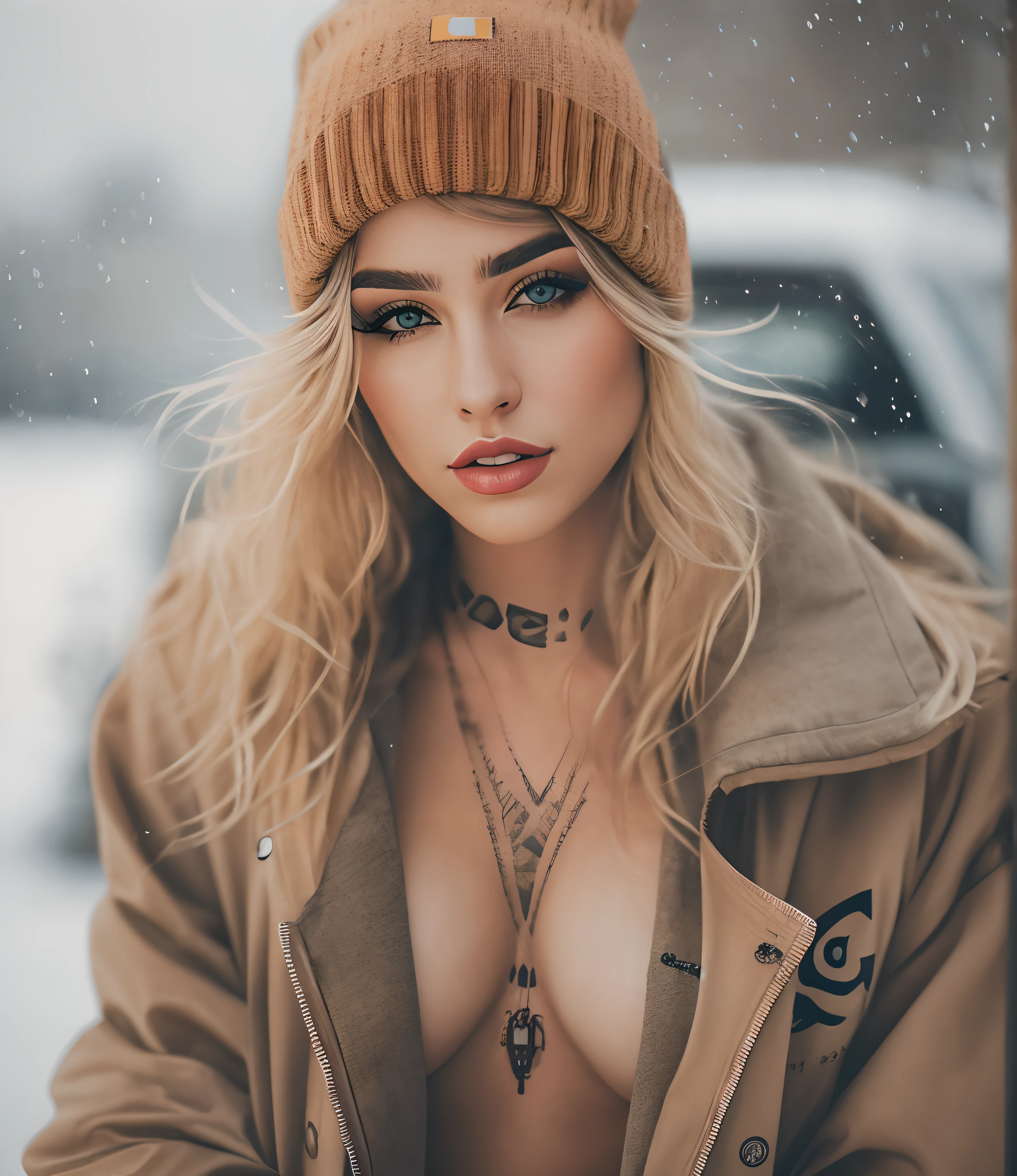 a photo of an Exquisitely beautiful white skin woman with messy blonde hair, 20 yo, (tomboy), (wearing Carhartt work coat, and beanie), eye focus, (highly detailed skin), clothed, standing outside on cold winter day, Athletic physique, voluptuous breasts, bare breasts, (a small breast tattoo:1.4), plump ass, perfect face, alluring eyes, perfect iris, (makeup), skin pores, (very light freckles:0.4), (nose piercing:0.6), film grain, photographed on a Canon EOS 5D, ((full body))