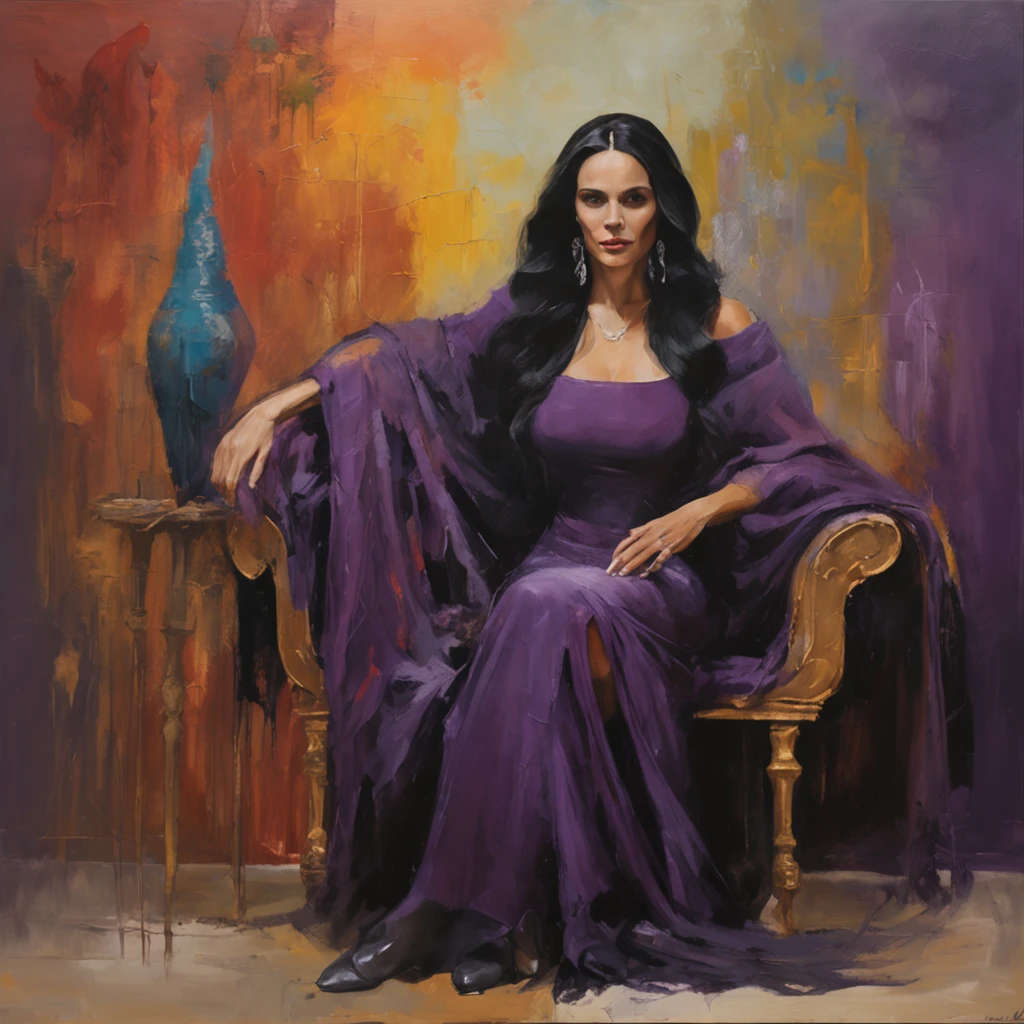 Dark-haired long-haired woman in a dark purple dress with a black shawl sitting on a throne, leaning on his arm, Mystical atmosphere, The Old Castle, Gloomy lighting, magic, evil, Rector of the School of Magic, Tisaya