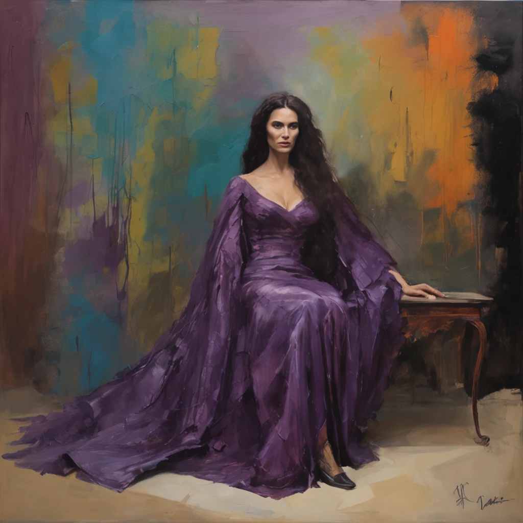 Dark-haired long-haired woman in a dark purple dress with a black shawl sitting on a throne, leaning on his arm, Mystical atmosphere, The Old Castle, Gloomy lighting, magic, evil, Rector of the School of Magic, Tisaya
