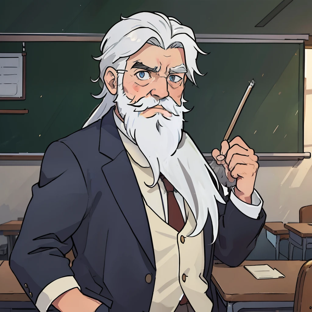 An old man with white hair and a long beard,Stand in the classroom,had a gloomy face,vred,Upper body display
