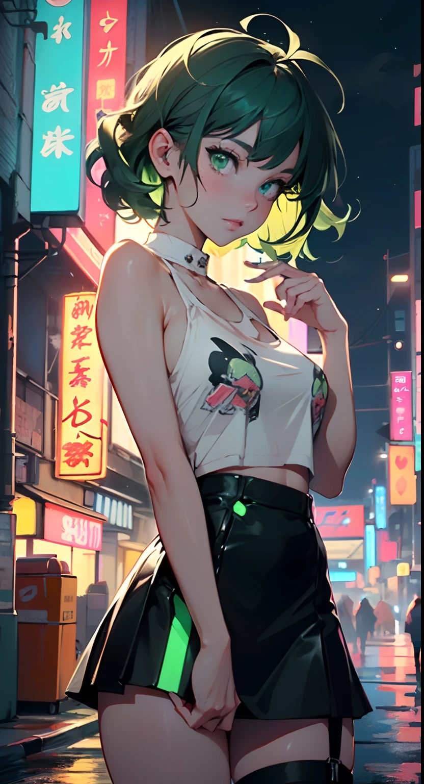 A woman in a short skirt and top standing on a city street - SeaArt AI