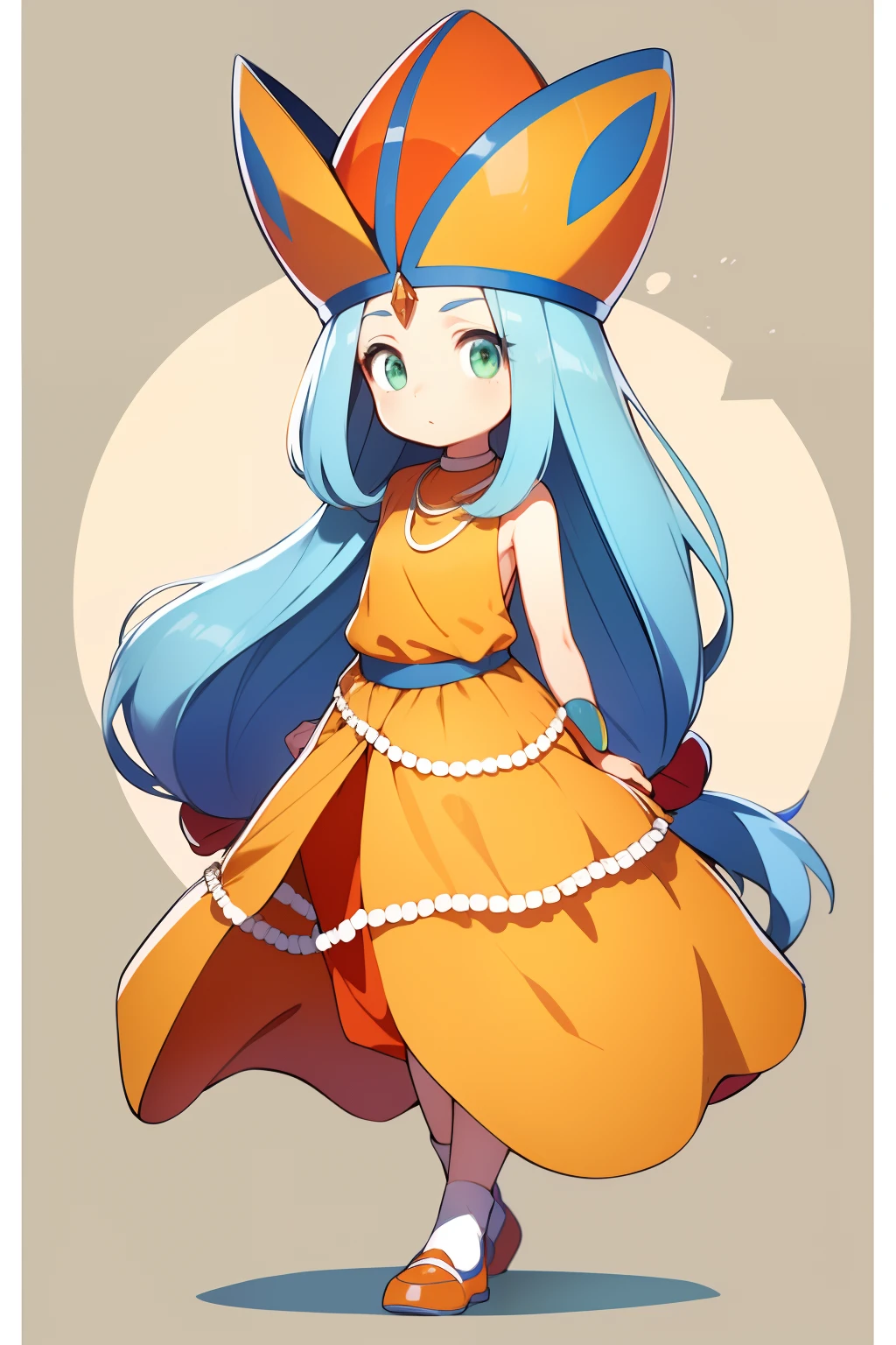 top quality, best quality, light orange dress, light orange hat, light blue hair, very long hair, tied hair ends, light green eyes, red jewel accessory on forehead, blue shoes, little girl, cute, high quality