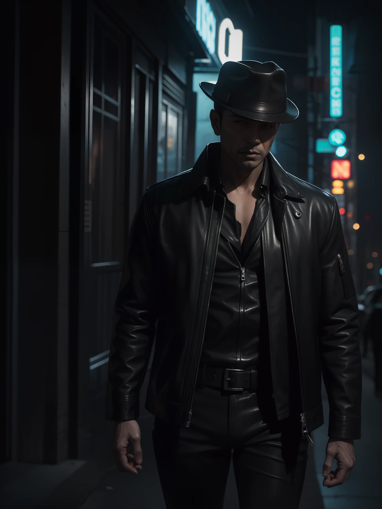 Arad people in leather jackets and hats stand in the dark, noir film world character design, neo noir style, high detail iconic character, Aiden Pierce, photography of albert watson, noir detective and a fedora, lee bermejo, neo - noir style, author:Hiroyuki Tajima, neo - noire, wearing cyberpunk leather jacket,Black city background。