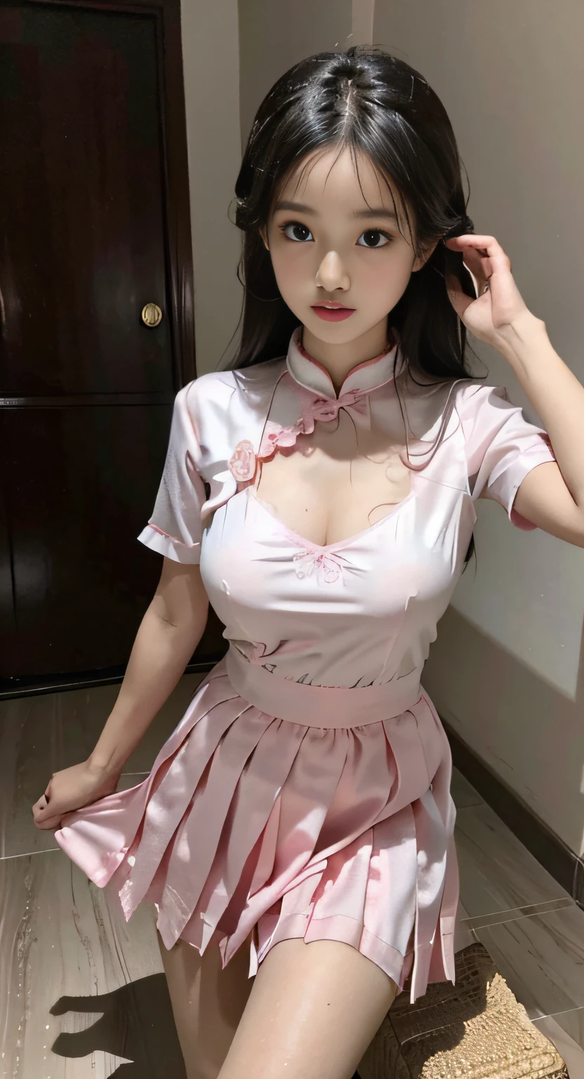 Master quality, highest quality, best picture quality, exaggerated details, a princess cute 8  asian little gth a shy expression, slightly squinted eyes, adjusting her hair, long eyelashes (long hair / very, very exaggerated big breasts, big tits / in pink white  pentticoat, qipao dress, short skirt), posing  in front of the camera, wet breast see under wear, open slim and tall waist, silk lace