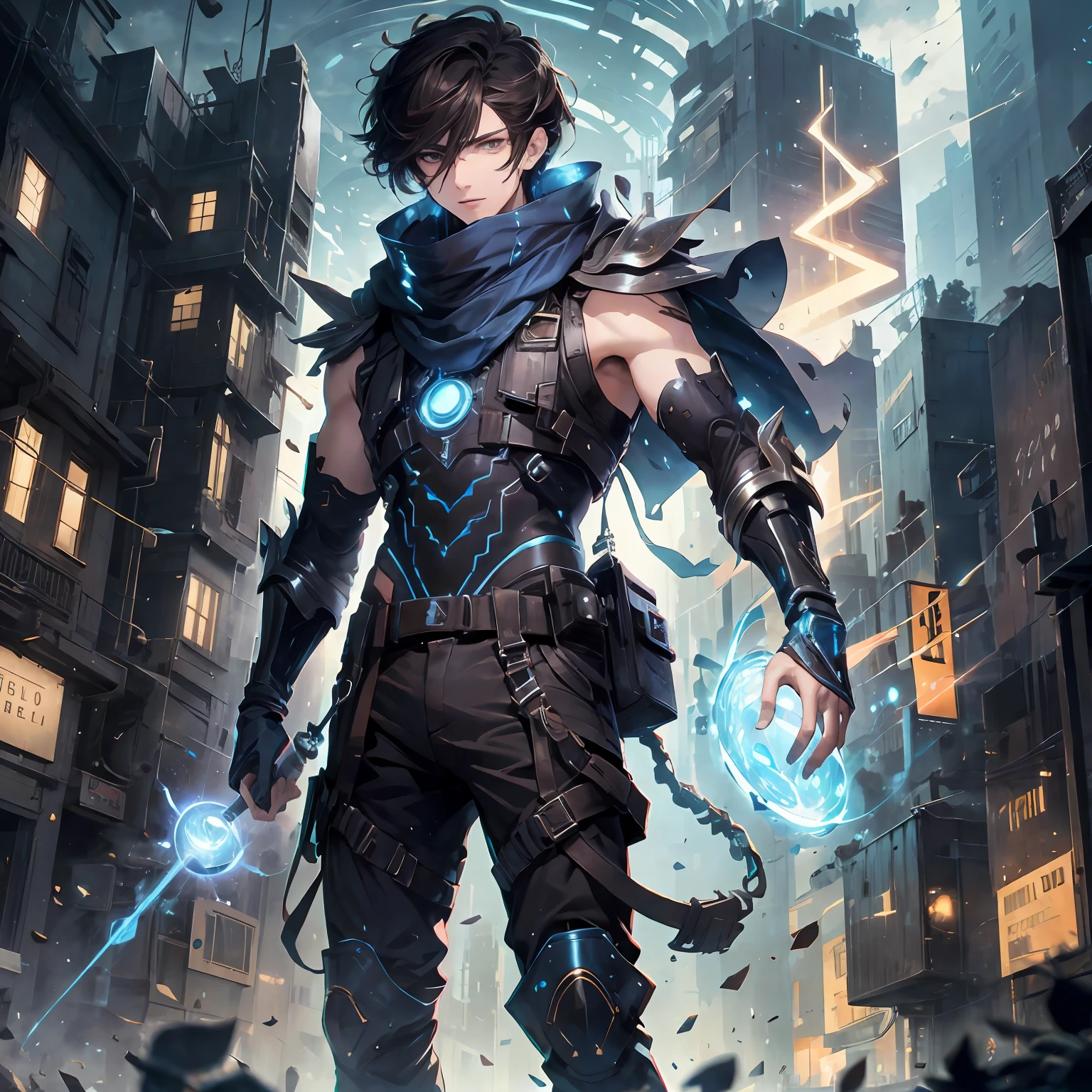 (absurdres, highres, ultra detailed), masterpiece, best quality, real light and shadow, solo, full body,a boy with dark brown hair, sleeveless outfits, handsome, bipedal, full pants, buff, finely eye, detailed face, detailed eye, scarf, blue clothes, white clothes, white clothes, arm braces, futuristic technology, from below, look down, futuristic earpiece,futuristic city, swirl, spark, lightning surrounding, superhero landing shot, BREAK, dark brown eyes