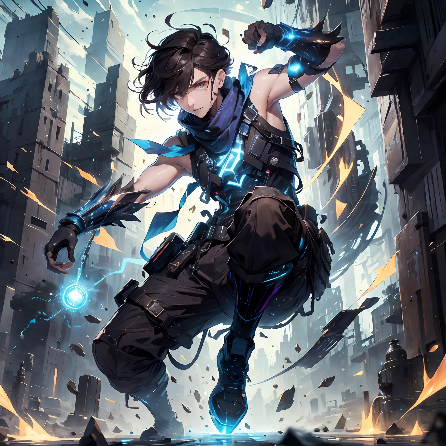 (absurdres, highres, ultra detailed), masterpiece, best quality, real light and shadow, solo, full body,a boy with dark brown hair, sleeveless outfits, handsome, bipedal, full pants,  buff, finely eye, detailed face, detailed eye, scarf, blue clothes, white clothes, white clothes, arm braces, futuristic technology, from below, look down, futuristic earpiece,futuristic city, swirl, spark, lightning surrounding, superhero landing shot, BREAK, dark brown eyes