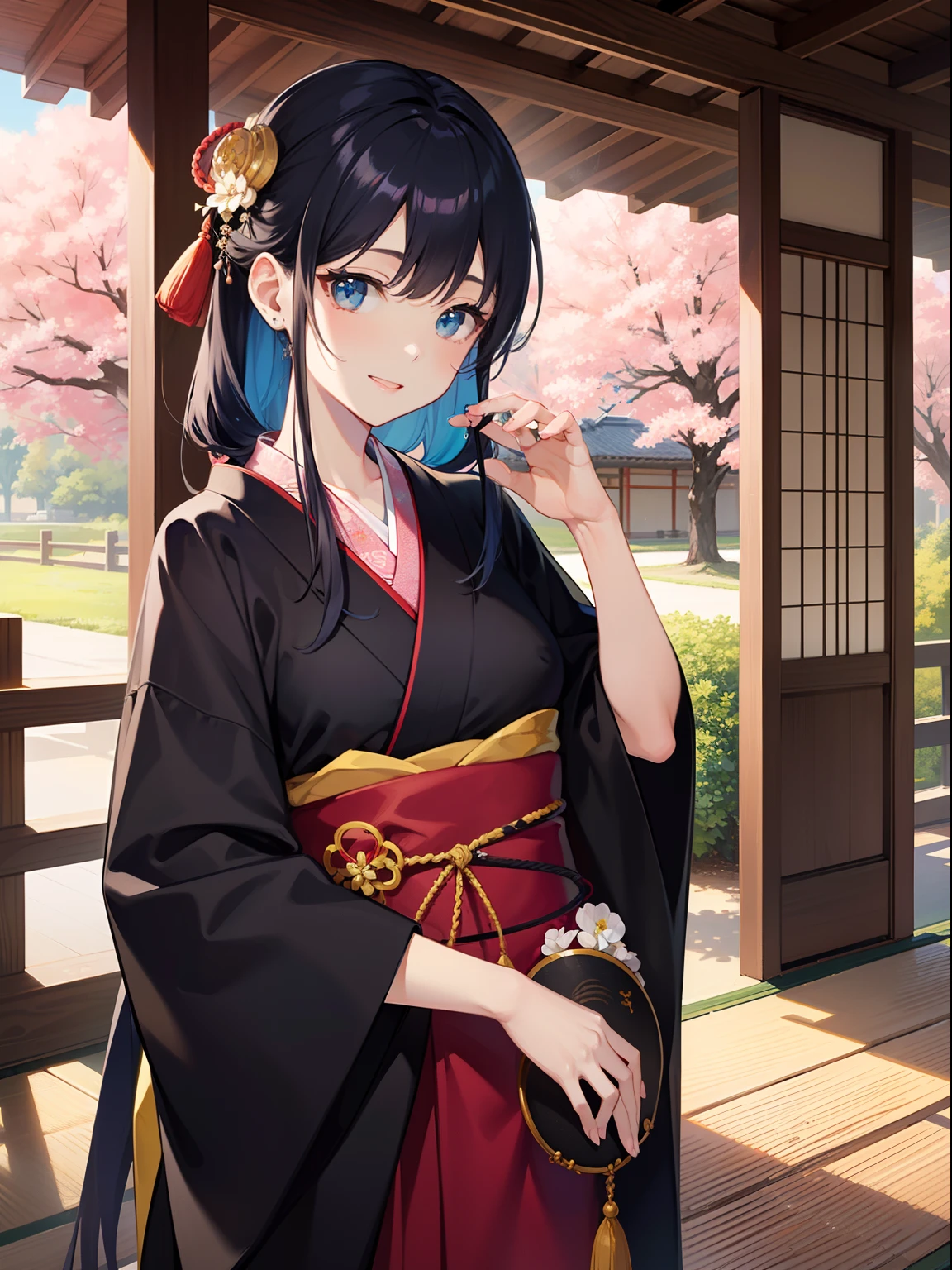 Master Pieces、hyper quality,、Perfect drawing with super detail、独奏、Beauty in the world、Komono、Japanese dress、Black-haired、Japanese hair、Colorful Japan kimono、octane renderings、nffsw、(ultra-detailliert:1.15)、(Soft light、sharp:1.2)、1girl in、a beauty girl、Ultra detailed eyes、A MILF、Rainbow painting drops、Splat、Splash、long colored hair、ultra detailed texture kimono、(hair adornments、耳Nipple Ring、)、outside of house、The cherry tree