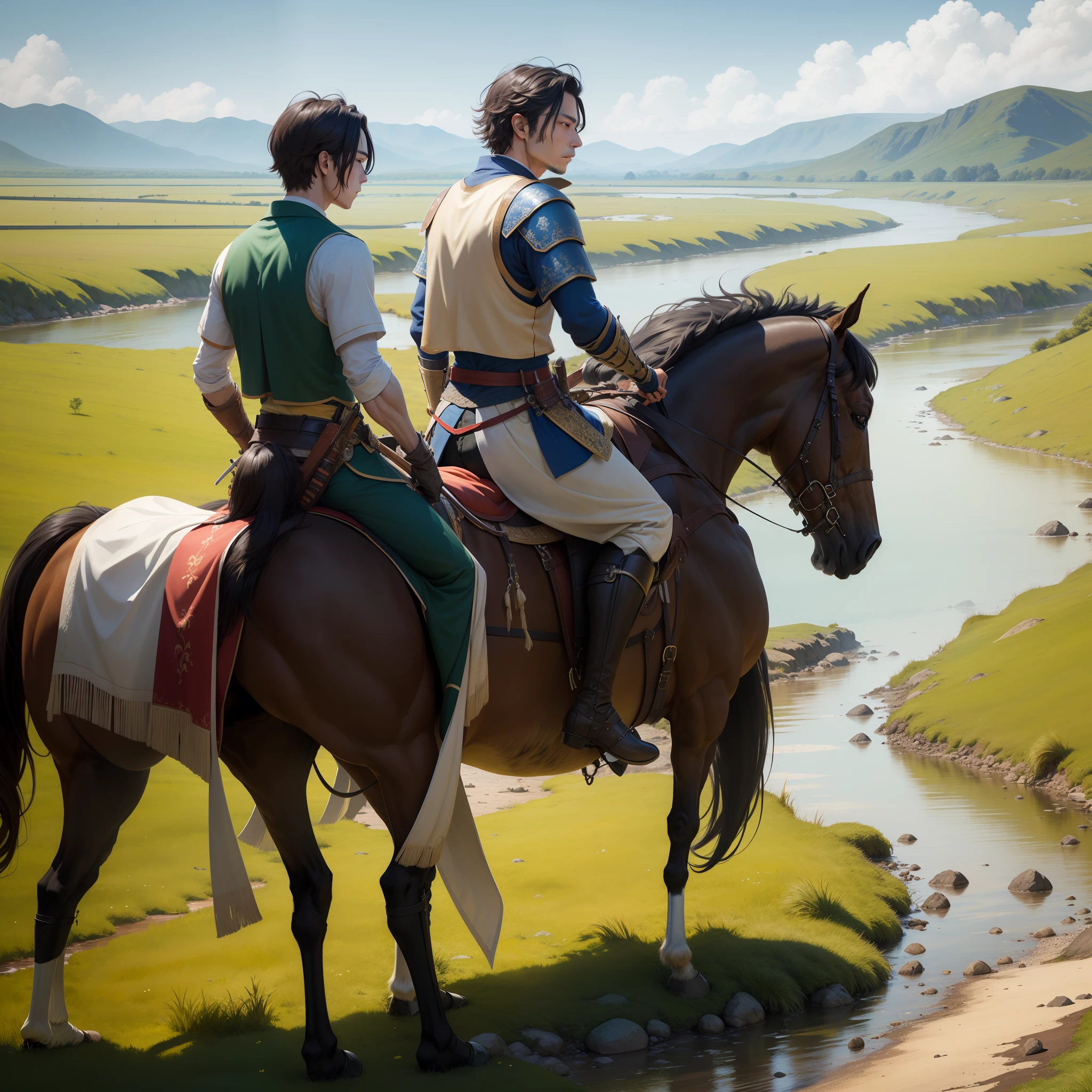 A swordsman sits on a horse,Horses graze in grasslands with a river