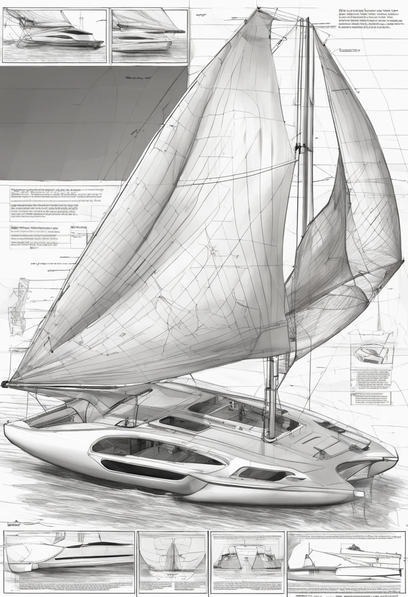 ((Obra-Prima)),(((melhor qualidade)),(folha de design de SAILBOAT INTERIORS FUTURISTICO , WITH SHEET FOR HYDRODYNAMICS , mesmo BARCO, testa, lado, Costas), 插圖, ARTE CONCEITUAL 1 BARCO, esquete, Drawn in pencil, PROTOTYPE DESIGN ( fundo branco: 1.3)