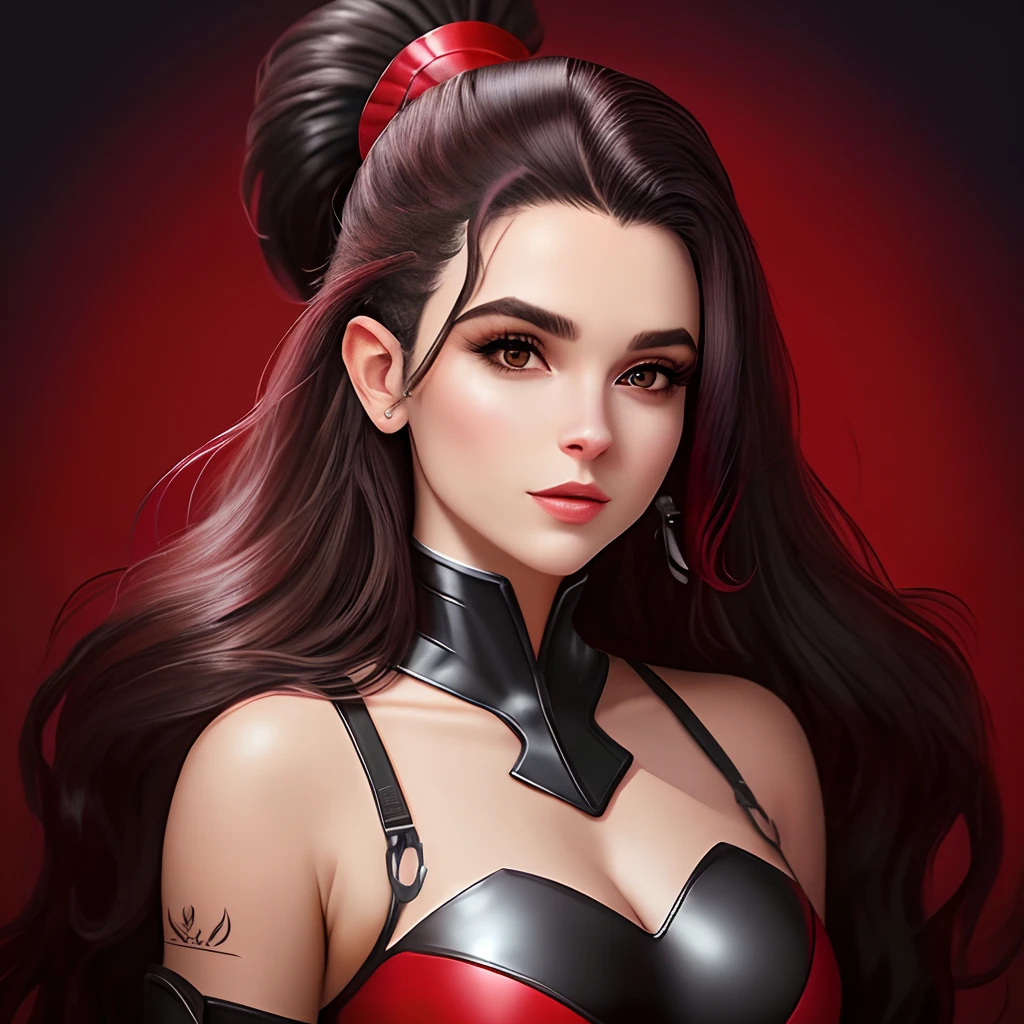Imagem realista de uma mulher com blaser preto, batom vermelho e cabelo escuro