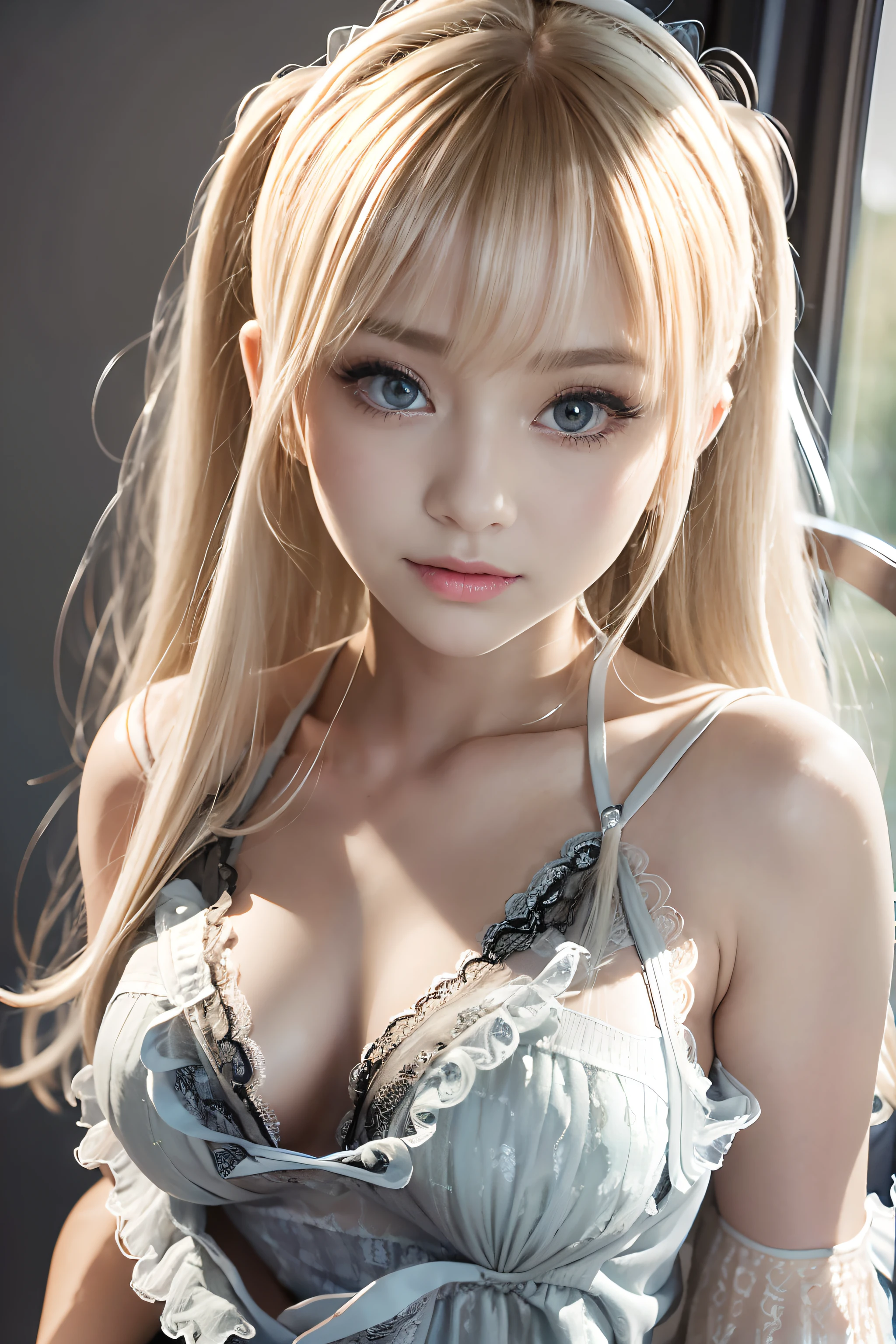 portlate、bright expression、poneyTail、Young shiny shiny white shiny skin、Best Looks、Blonde reflected light、Platinum blonde hair with dazzling highlights、shiny light hair,、Super long silky straight hair、Beautiful bangs that shine、Glowing crystal clear attractive big blue eyes、(Very beautiful lovely cute girl)、Lush bust,Beautiful detailed eyes,(( beautiful detailed nose)),natural make up、((Marie Rose))+,(Makeup that the eyes emphasize)、((Pleated skirt with many folds)),(((Lacey Camisole:1.5))),smil、(((独奏)))、