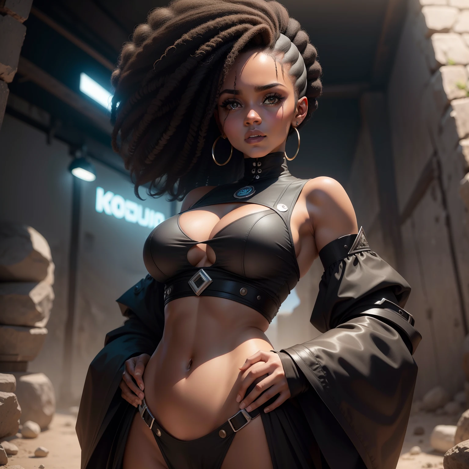 Garota negra, com cabelos cacheados, roupas curtas, seios pequenos, bunda destacada ultrarrealista foto 8k