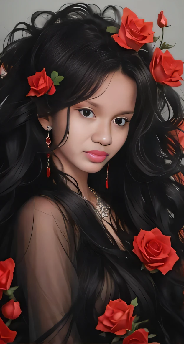 There is a woman with long black hair and red pinks in her hair, rosas no cabelo, rosa vermelha no cabelo, rosas pretas no cabelo, menina muito bonita, Asian girl with long hair, menina com cabelo preto, Inspirado em Reyna Rochin, Cabelo preto bonito, foto retrato bonito, flores em seus cabelos escuros, menina jovem bonita, foto portait foto de perfil