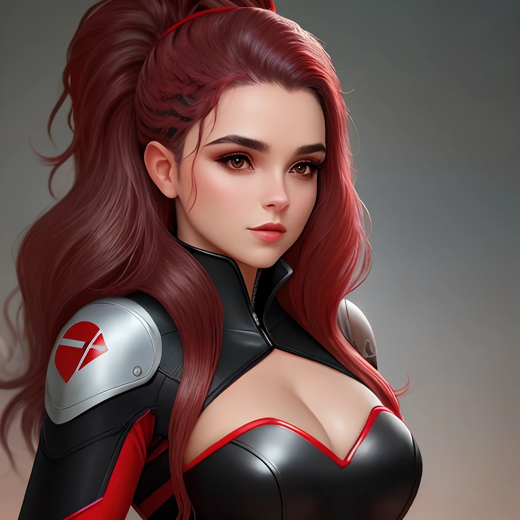 Imagem realista de uma mulher com blaser preto, batom vermelho e cabelo escuro