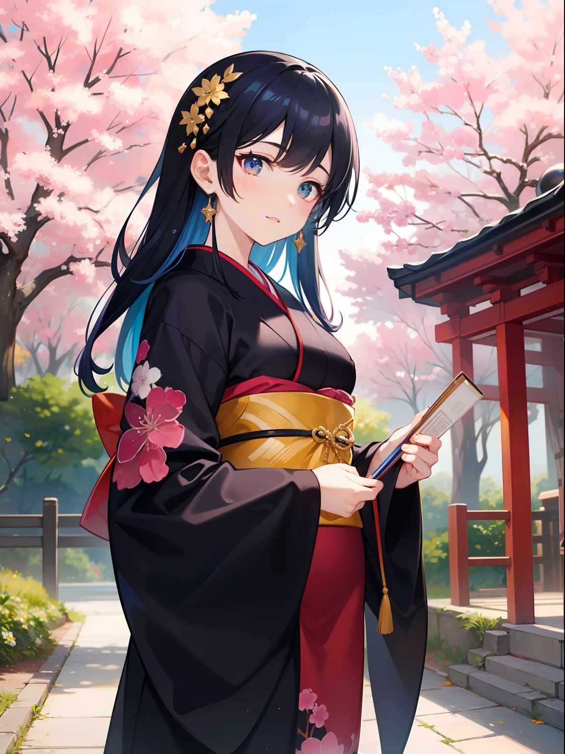 Master Pieces、hyper quality,、Perfect drawing with super detail、独奏、Beauty in the world、Komono、Japanese dress、Black-haired、Japanese hair、Colorful Japan kimono、octane renderings、nffsw、(ultra-detailliert:1.15)、(Soft light、sharp:1.2)、1girl in、a beauty girl、Ultra detailed eyes、A MILF、Rainbow painting drops、Splat、Splash、long colored hair、ultra detailed texture kimono、(hair adornments、耳Nipple Ring、)、outside of house、The cherry tree