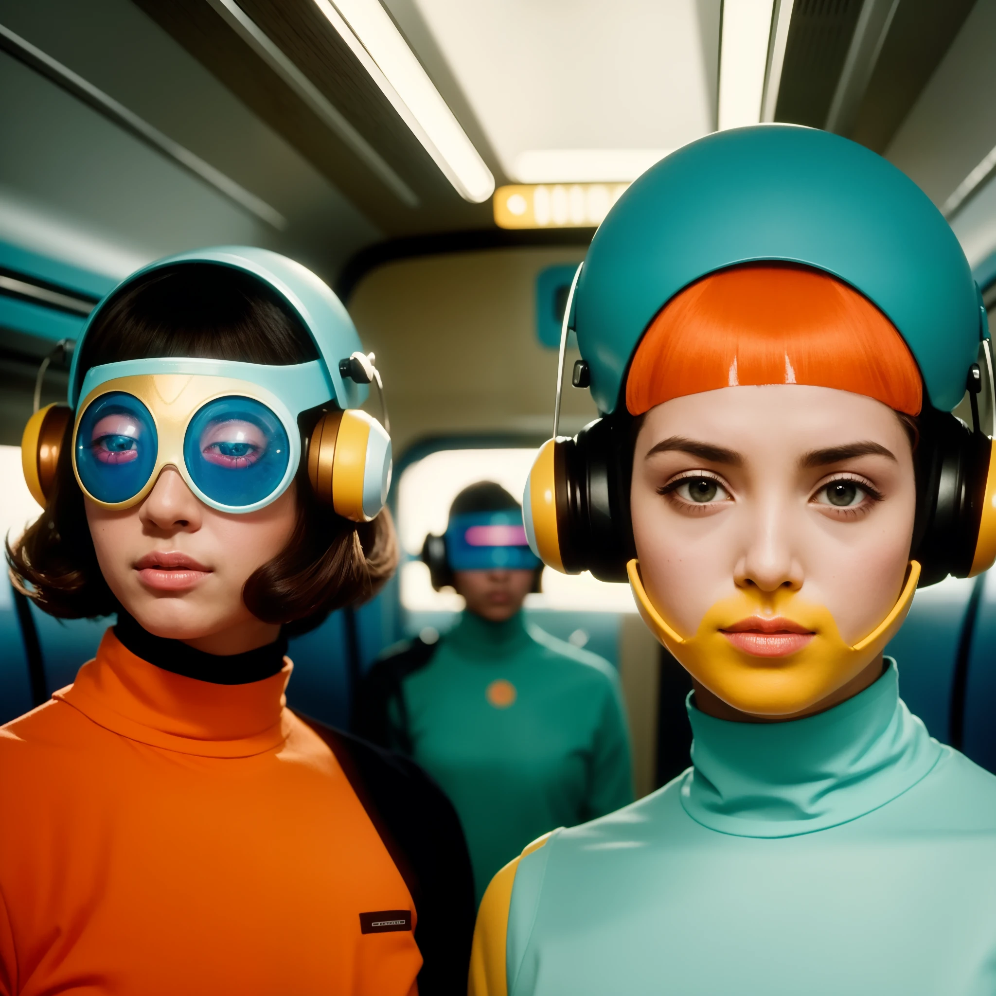 8k image from a 1970s science fiction film, imagem real, Estilo Wes Anderson, pastels colors, a man between two women wearing retro-futuristic fashion clothes and futuristic technological ornaments and devices, Luz Natural, cinemactic, Psicodelia, futurista estranho, retro-futurista, Foto premiada, intrincado, Sharp details,