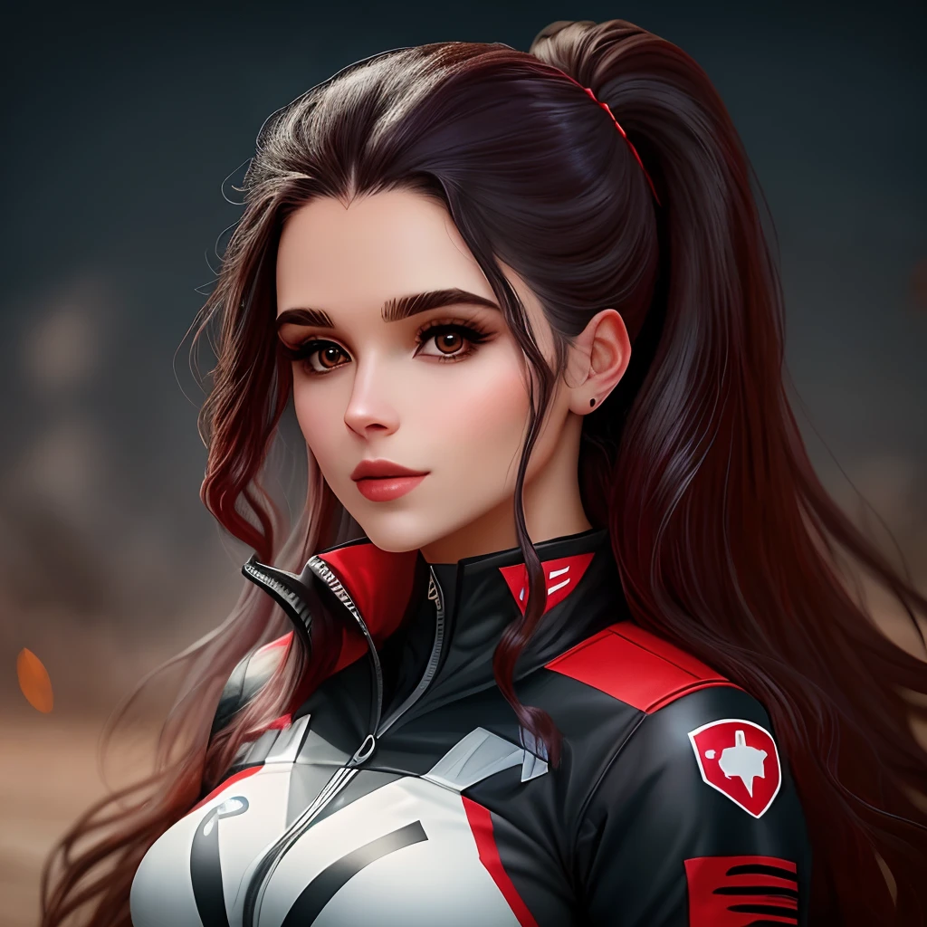 Imagem realista de uma mulher com blaser preto, batom vermelho e cabelo escuro