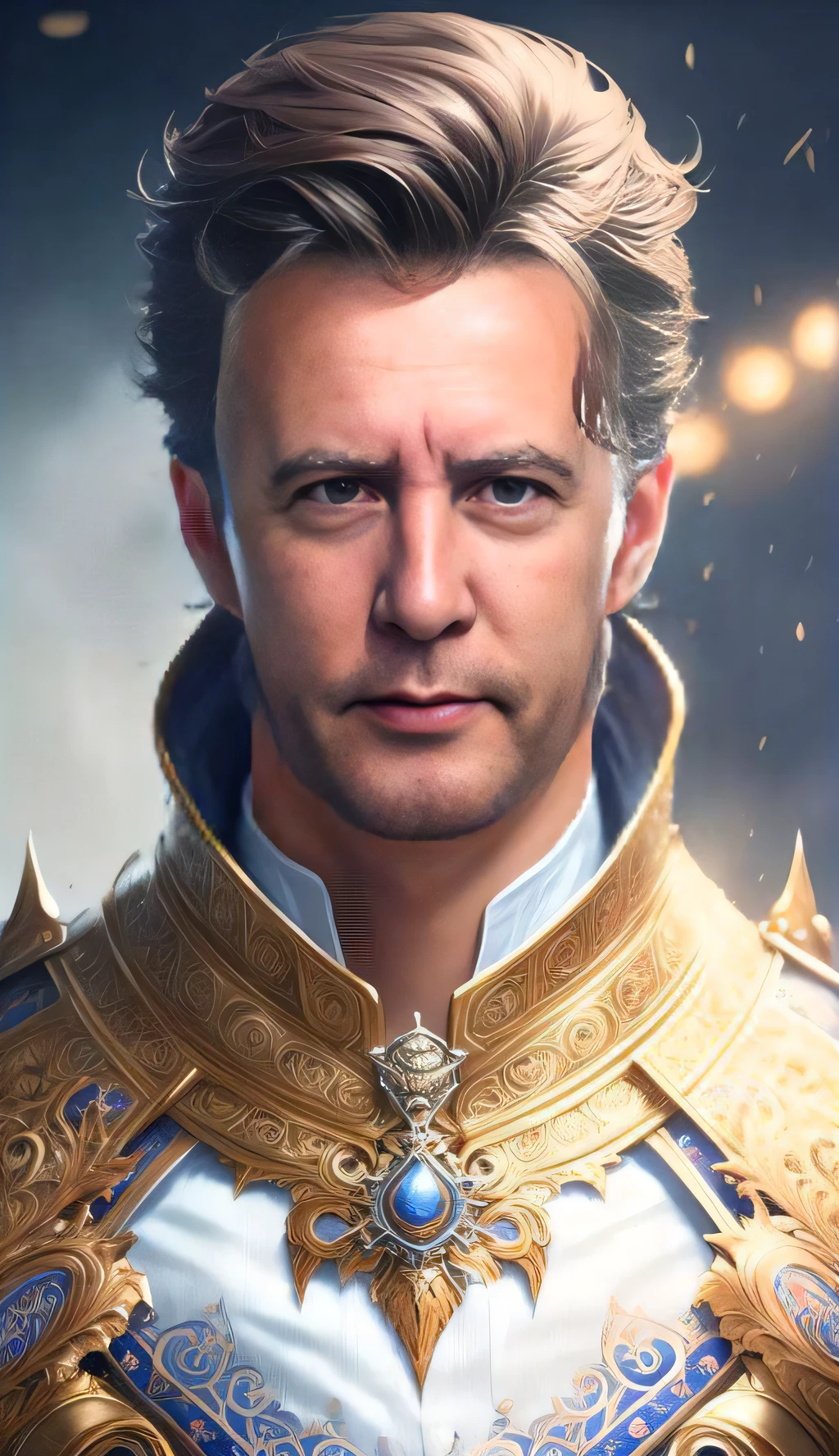 um close up de um homem em uma armadura dourada com uma espada, Michael Cavalo (Motor irreal, Anton Fadeev 8 K, retrato de arte conceito de fantasia, Arsen Lupin como um paladino, Retrato VFX altamente detalhado, retrato do personagem da fantasia, Paul Atreides como Imperador de Duna, closeup retrato de personagem, retrato vfx altamente detalhado de, Wojtek FUS