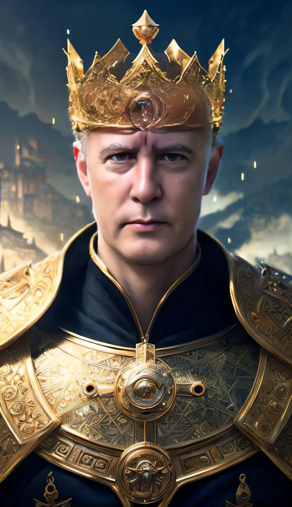 um close up de um homem com uma coroa dourada e uma camisa preta, Grande Rei de Stovokor, Elon Musk como um personagem de Skyrim, Elon Musk como um deus grego, Marc Simonetti e Sakimicha, Tuomas Korpi e Wlop, inspirado em Aleksandr Gerasimov, Deus Imperador de Duna, Retrato de Homelander