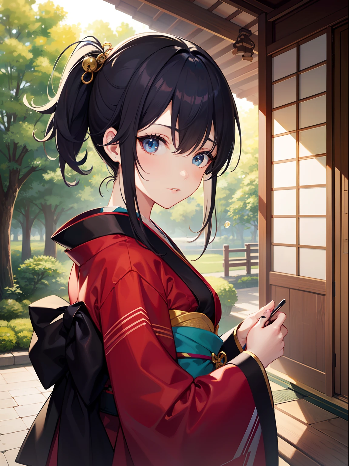 Master Pieces、hyper quality,、Perfect drawing with super detail、独奏、Beauty in the world、Komono、Japanese dress、Black-haired、Japanese hair、Colorful Japan kimono、octane renderings、nffsw、(ultra-detailliert:1.15)、(Soft light、sharp:1.2)、1girl in、a beauty girl、Ultra detailed eyes、A MILF、Rainbow painting drops、Splat、Splash、long colored hair、ultra detailed texture kimono、(hair adornments、耳Nipple Ring、)、outside of house、pine trees