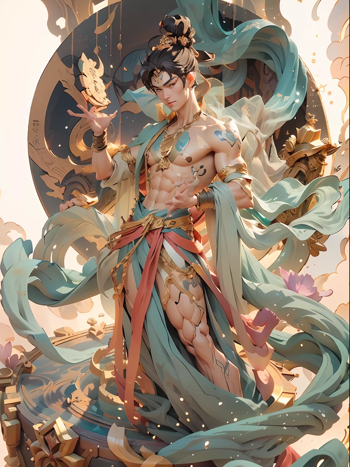 Sculpture design,Figures,Immortal,(base)male people,Handsome,chest muscle,Abs,dunhuang,Systemic vision,semi transparent,Computer graphic arts,A high resolution,32K,3D naked boy,Blind box toy style,best qualtiy,hyper HD
